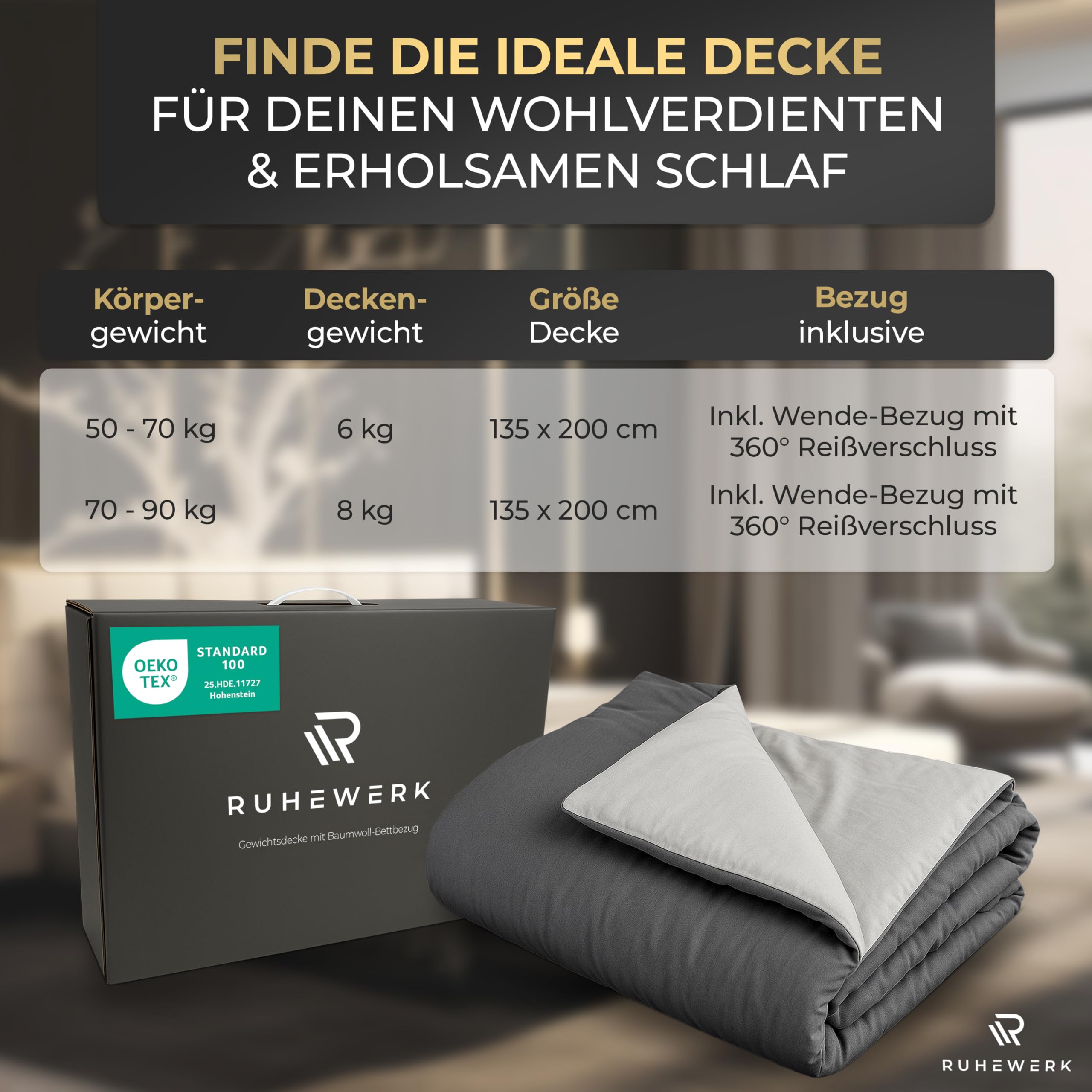 Gewichtsdecke 8kg 135x200 Oeko-Tex Zertifiziert Therapiedecke Erwachsene mit Bezug