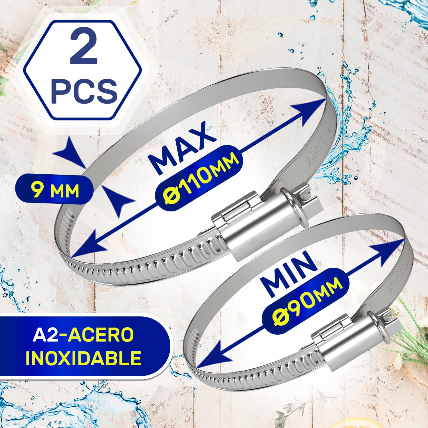 2 Piezas Abrazaderas Metalicas Diámetro Ø 90-110 mm Fabricada Totalmente en Acero Inoxidable A2 - MONTERAL