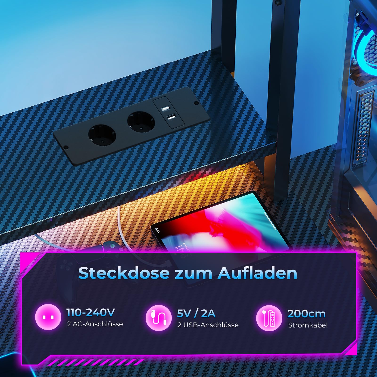 Coleshome Gaming Tisch mit Regal und Schubladen,137×48cm Gaming Schreibtisch mit LED-Beleuchtung & Steckdose, Computertisch mit Ablageflächen & Monitorständer, Carbon Fiber Schwarz