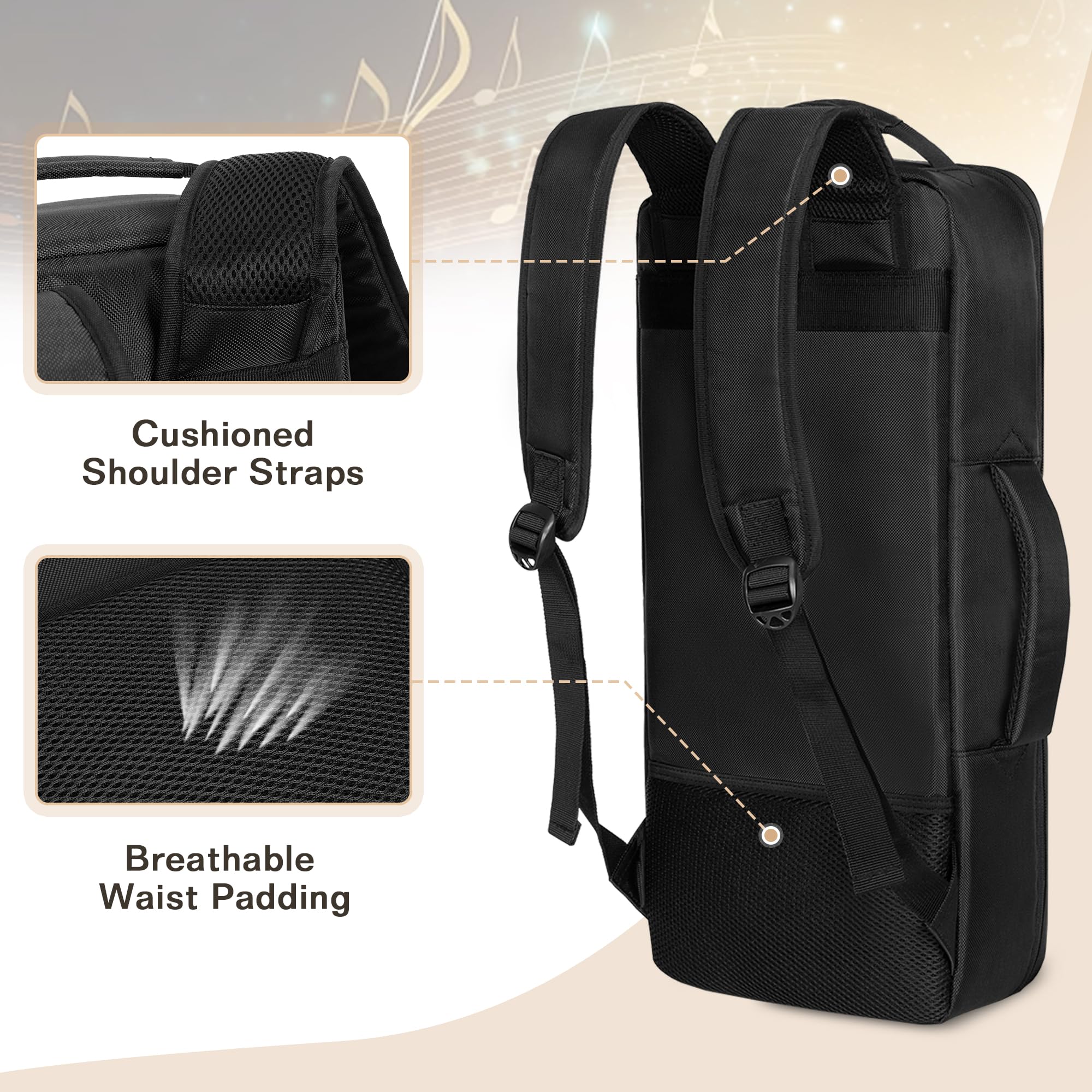 LoDrid Mochila de Almacenamiento para Trompeta, Estuche de Transporte para Instrumentos Musicales con Forro de Algodón Grueso, Bolsillo Separado para 2 Sordines, 2 Formas de Transporte, Negro
