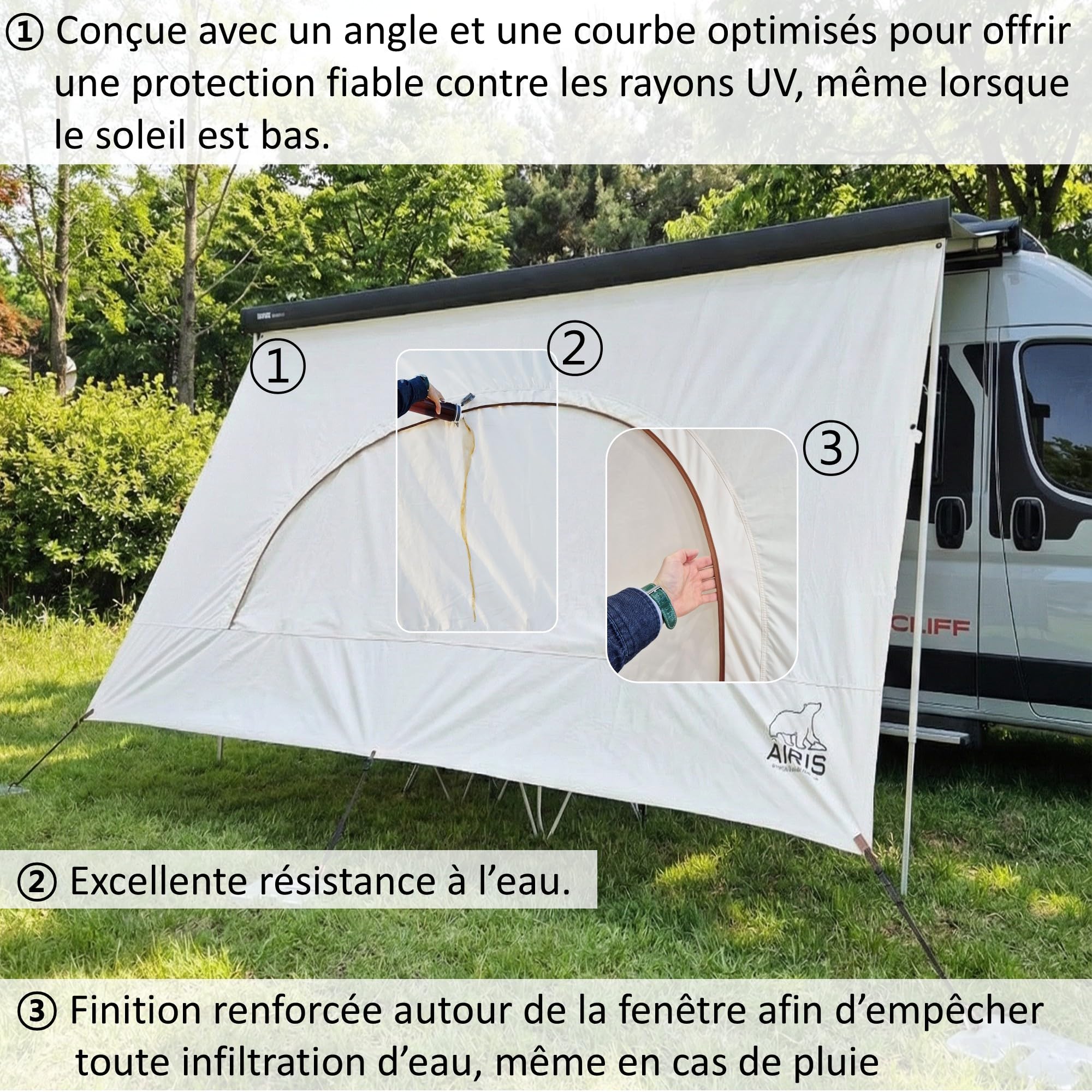 AIRIS Paroi avant d'auvent pour camping-car et caravane 390 x 190 cm – Brise-vue et protection solaire pour auvents, tissu mélangé de coton de qualité supérieure, imperméable, forte protection solaire