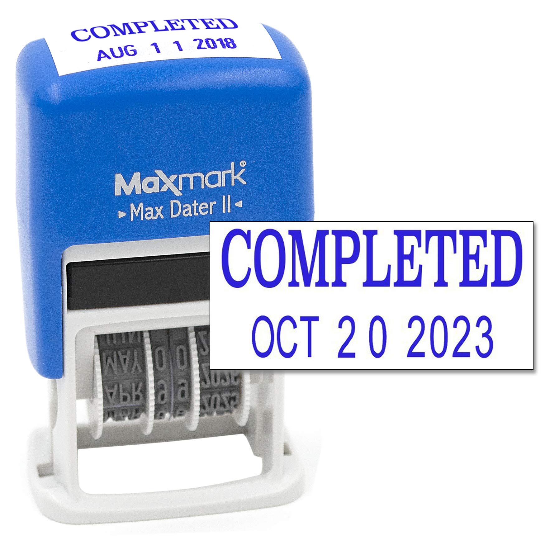 MaxMark Self-Inking Rubber Date Office Stamp with COMPLETED Phrase & Date - BLUE INK (Max Dater II), 12-Year Band