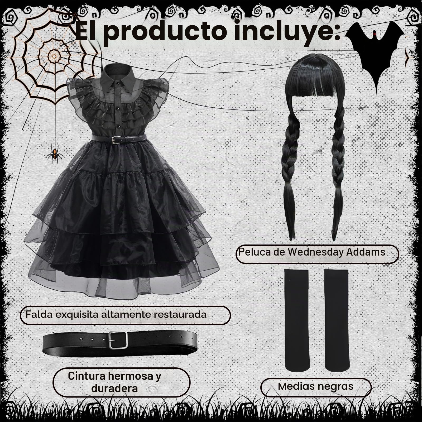 yumcute Vestido Gótico Niñas Princesa Disfraz Halloween para Niñas Vestidos para con Peluca Cinturón Calcetines Disfraz Negro Princesa Niña Halloween Carnaval Cosplay Fiesta 4-11 Años