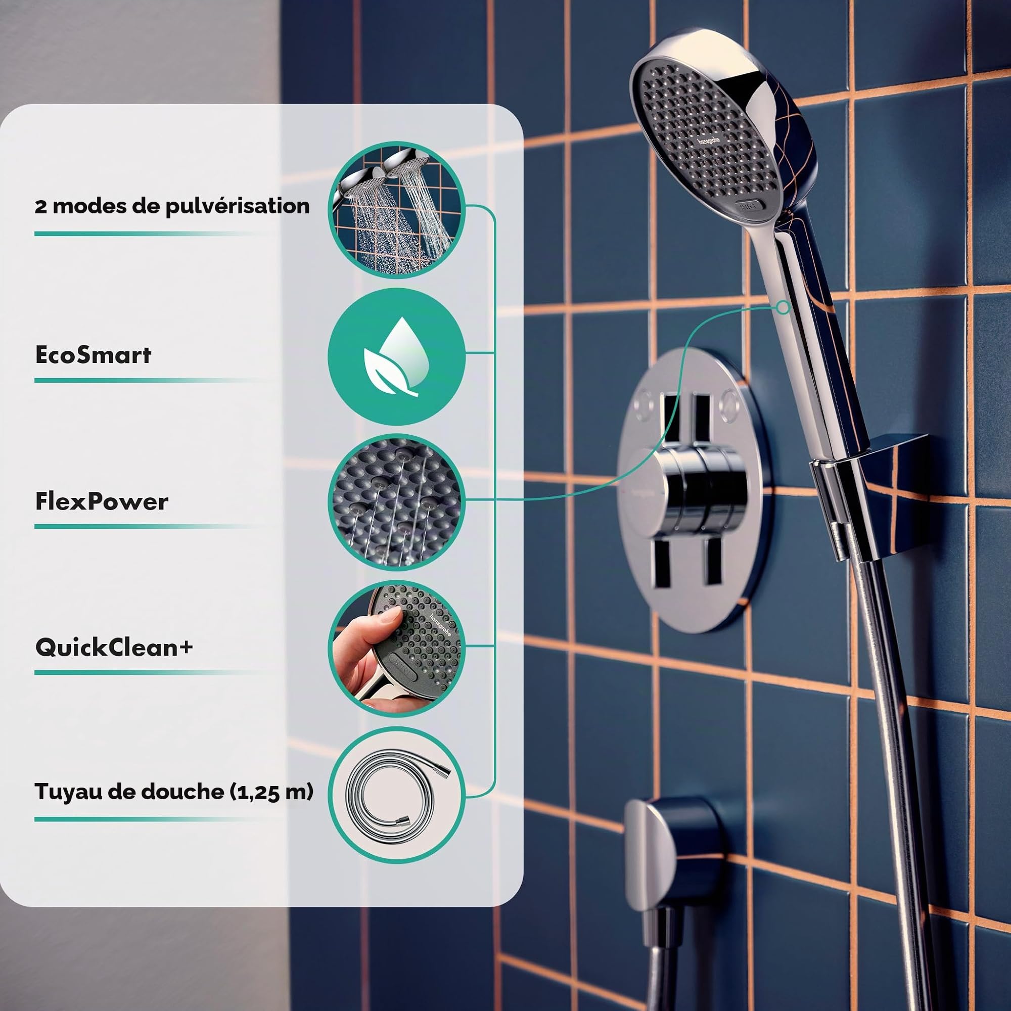 hansgrohe Activera Select S - Set de douche avec pommeau de douche (max. 8 l/min, EcoSmart, 2 types de jets), tuyau de douche (1,25 m) et support de douche, Chromé, 28052000
