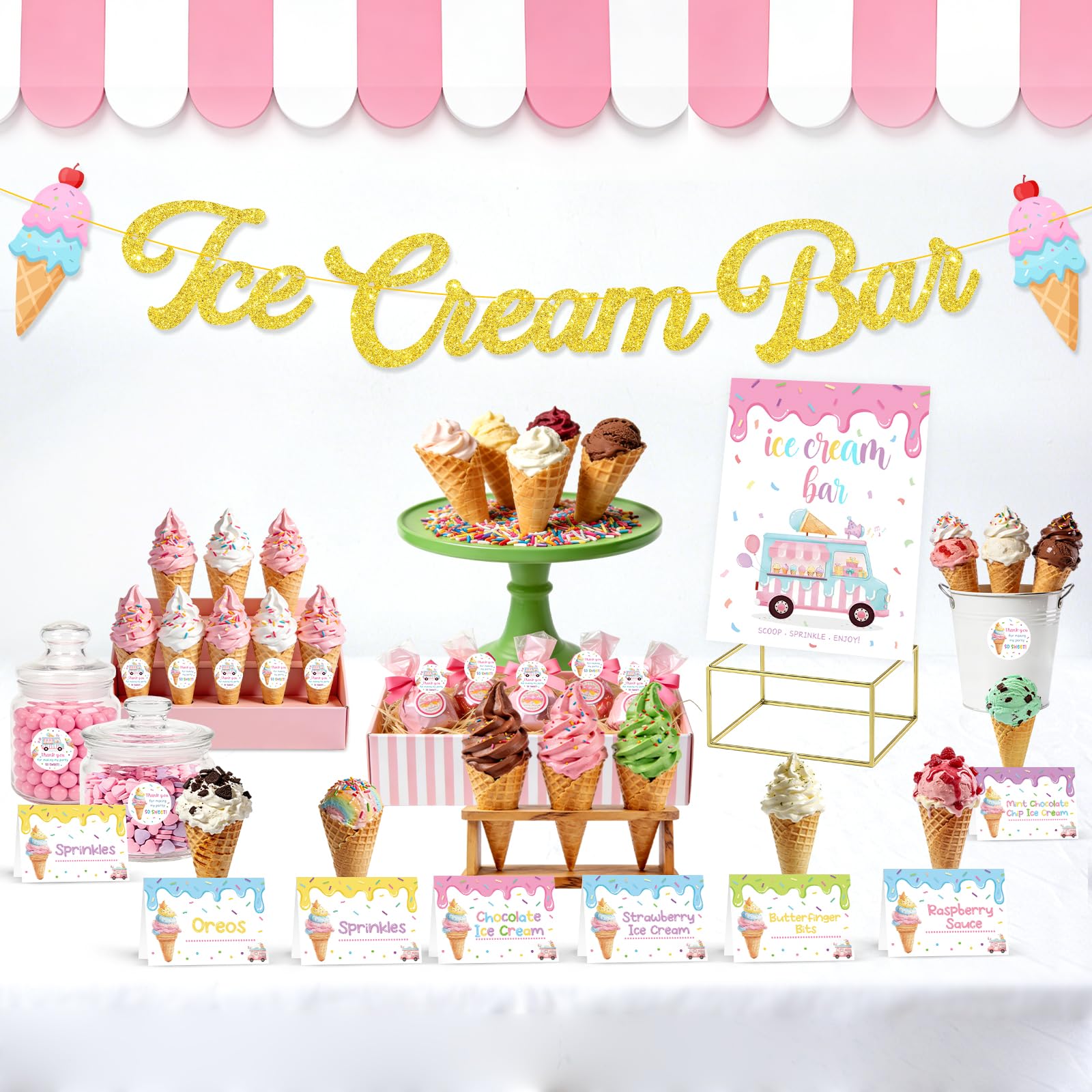 Ice Cream Party Decorations Set, Ice Cream Bar Banner with Table Signs & Topping Labels, Sundae Bar Decor Kit for Birthday, Summer Dessert Table, Kids Ice Cream Social Supplies