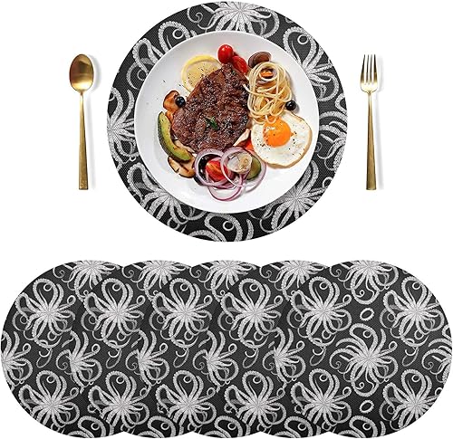Miniatura 3 de Manteles individuales redondos de pulpo blanco y gris, negro, antideslizantes, lavables para mesa de cocina, juego de 6