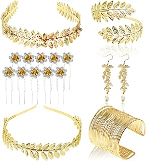 15 Pieces Goddess Costume Accessories Set Wide Cuff Bangle Bracelet Armband Greek Roman Laurel Leaf Bracelet Golden Leaves Bridal Hair Crown Headband Pearl Leaf Earrings Hair Pins, Metal