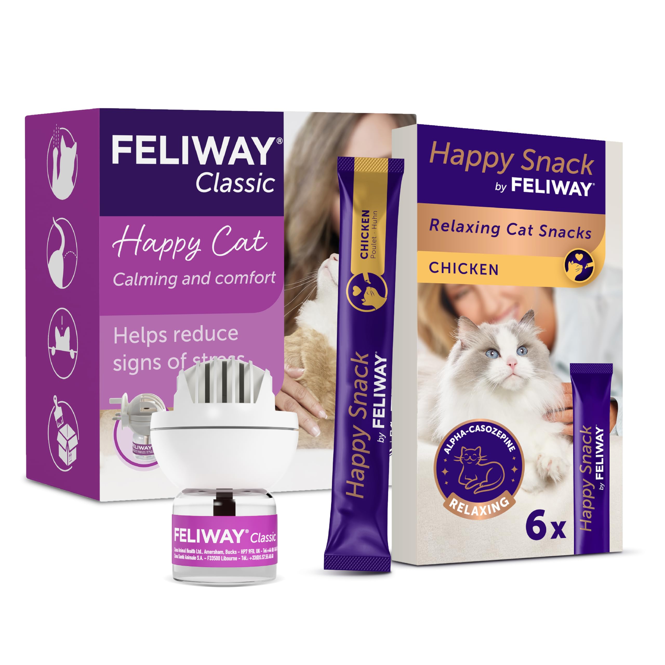 FELIWAY Classic Plug In 30 Day Cat Calming + Happy Snack by FELIWAY Delicious Chicken Flavour Treats for Cats, 6 Pack Helps Solve all Common Signs of Stress in Cats & Kittens, Veterinary Recommended
