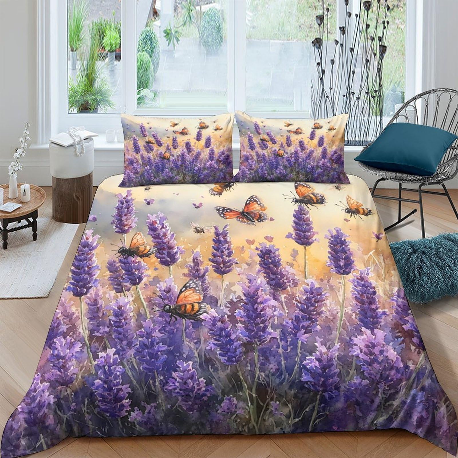 Ctjqhvkz Style-4 3D Printed Lavender Field Fitted Sheet Microfiber Soft Breathable Butterfly Mattress Cover For Bedroom Dorm Bed Protection Decor Single（135X200cm）