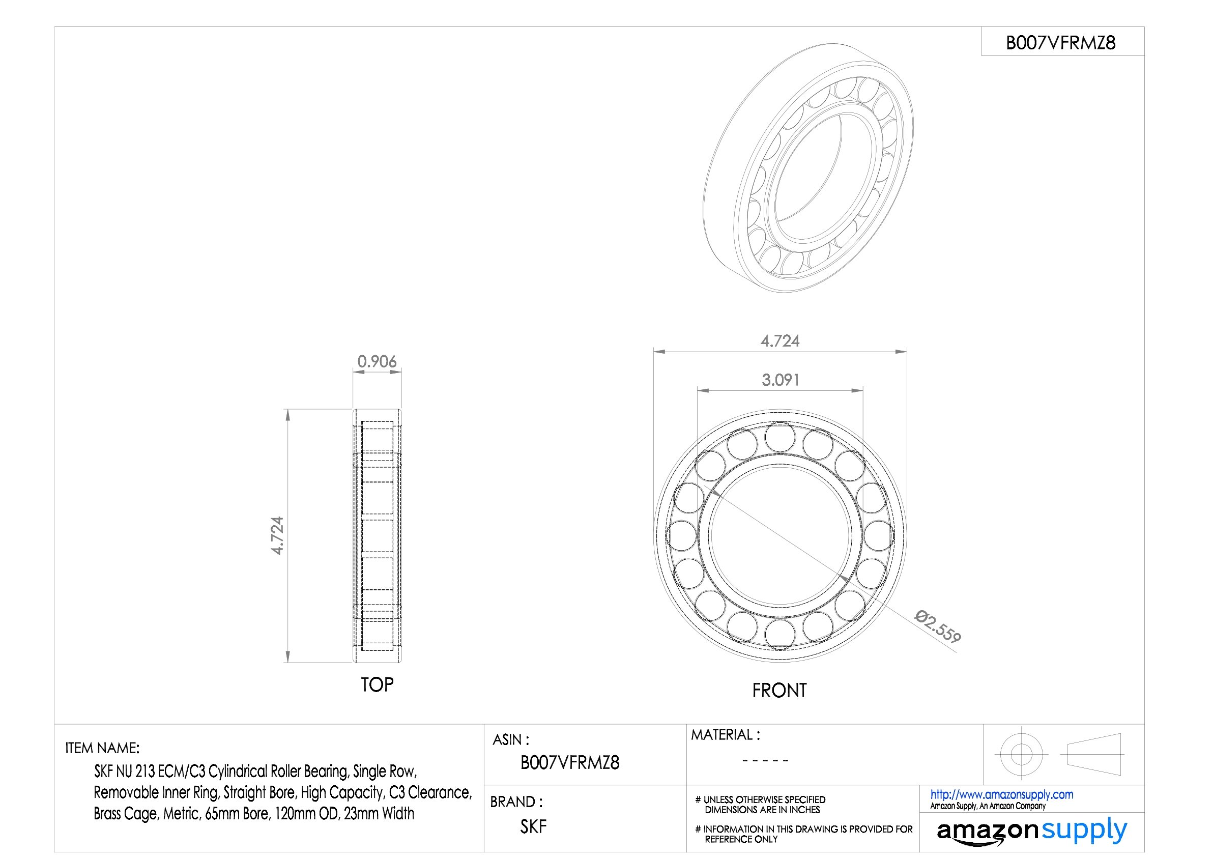 SKF NU cylindrique Roulement à rouleaux, Bague intérieure amovible, droite, haute capacité, Laiton usiné Cage, métrique, 65 mm bore diameter, 120 mm outside diamter, 1
