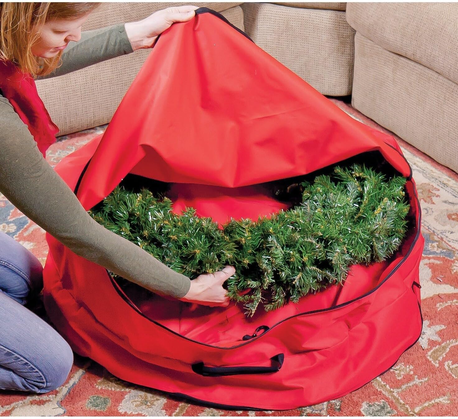 2 in 1 Red Zip Up Christmas Garland and Wreath Storage Bag 36" Polyester