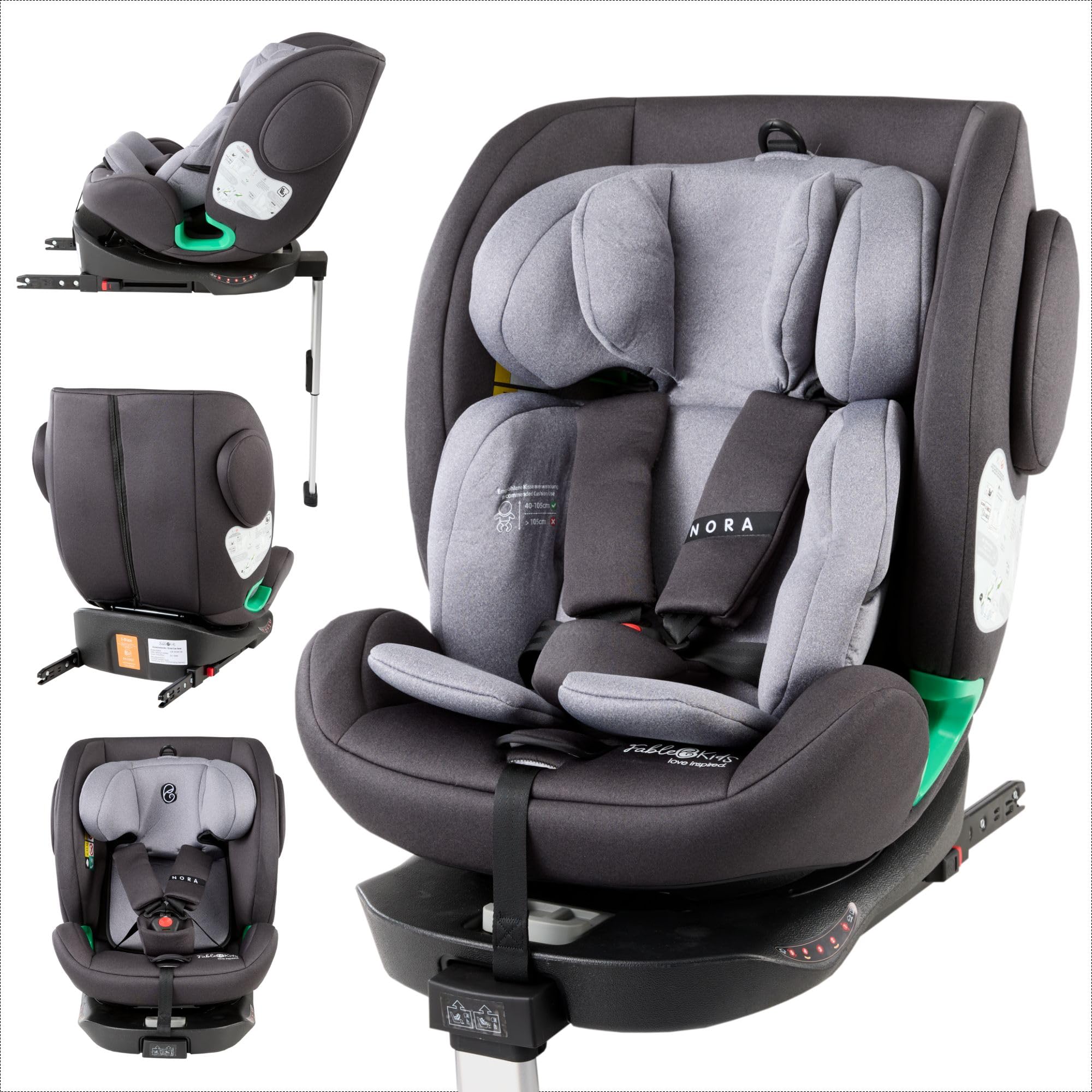 FableKids NORA Kindersitz Grau | 360° drehbarer i-Size Autokindersitz 40–150 cm | Reboarder mit ISOFIX & Stützbein | höhenverstellbare Kopfstütze & Rückenlehne | ECE R129/04 zertifiziert
