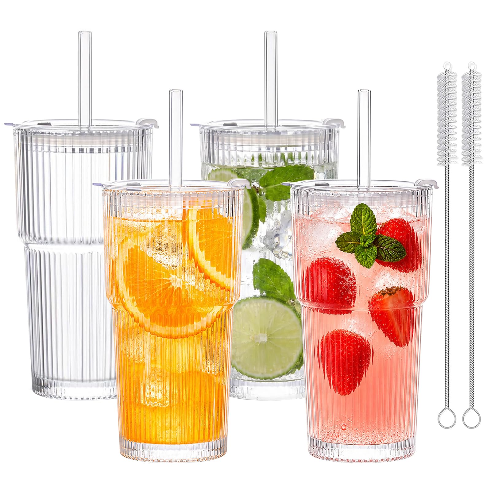 Lotiaan 4 Pack 600ml Glass Cups with Lids and Straws, Ribbed Glass Tumblers, Leakproof Coffee Glasses, Cups for Hot and Cold Drinks, Iced Coffee Cup, Smoothie Cup, for Cocktail, Tea, Milk, Juice (4)