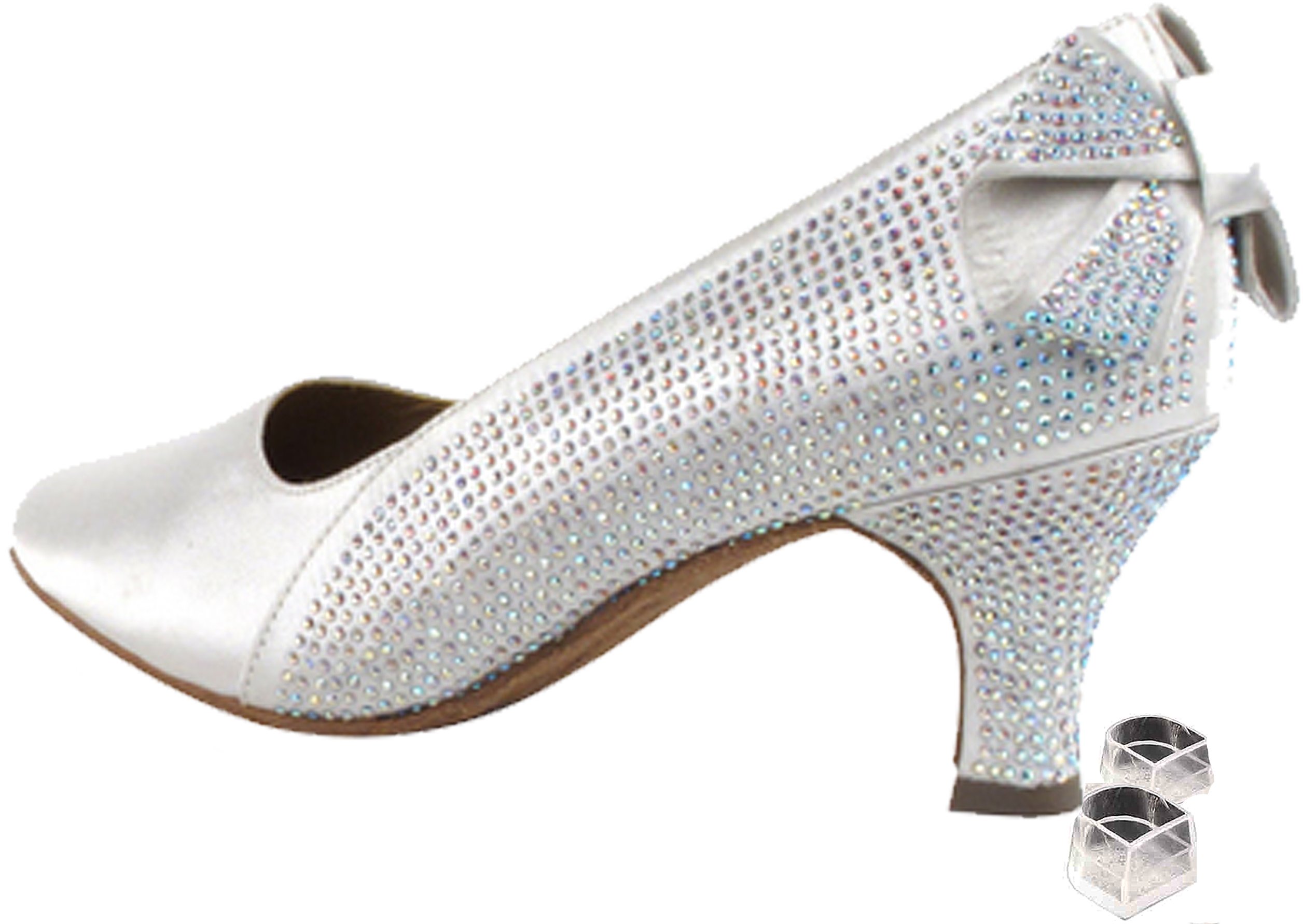 Very Fine Dance Shoes Women's Salsa Ballroom Tango Dance Shoes Sera 5512 Ribbon Design Bundle with Dance Shoe Heel Protectors, White Satin 9 M US 2.5
