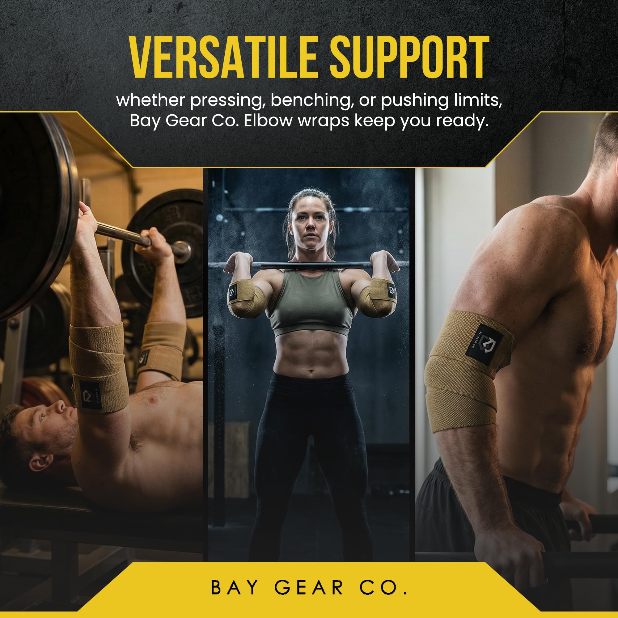 Bay Gear Co. Elbow Wraps for Weightlifting Men and Women – Adjustable & Support for Lifting, Gym, Powerlifting Gear – Durable Compression Wraps for Training & Pain Relief, Black