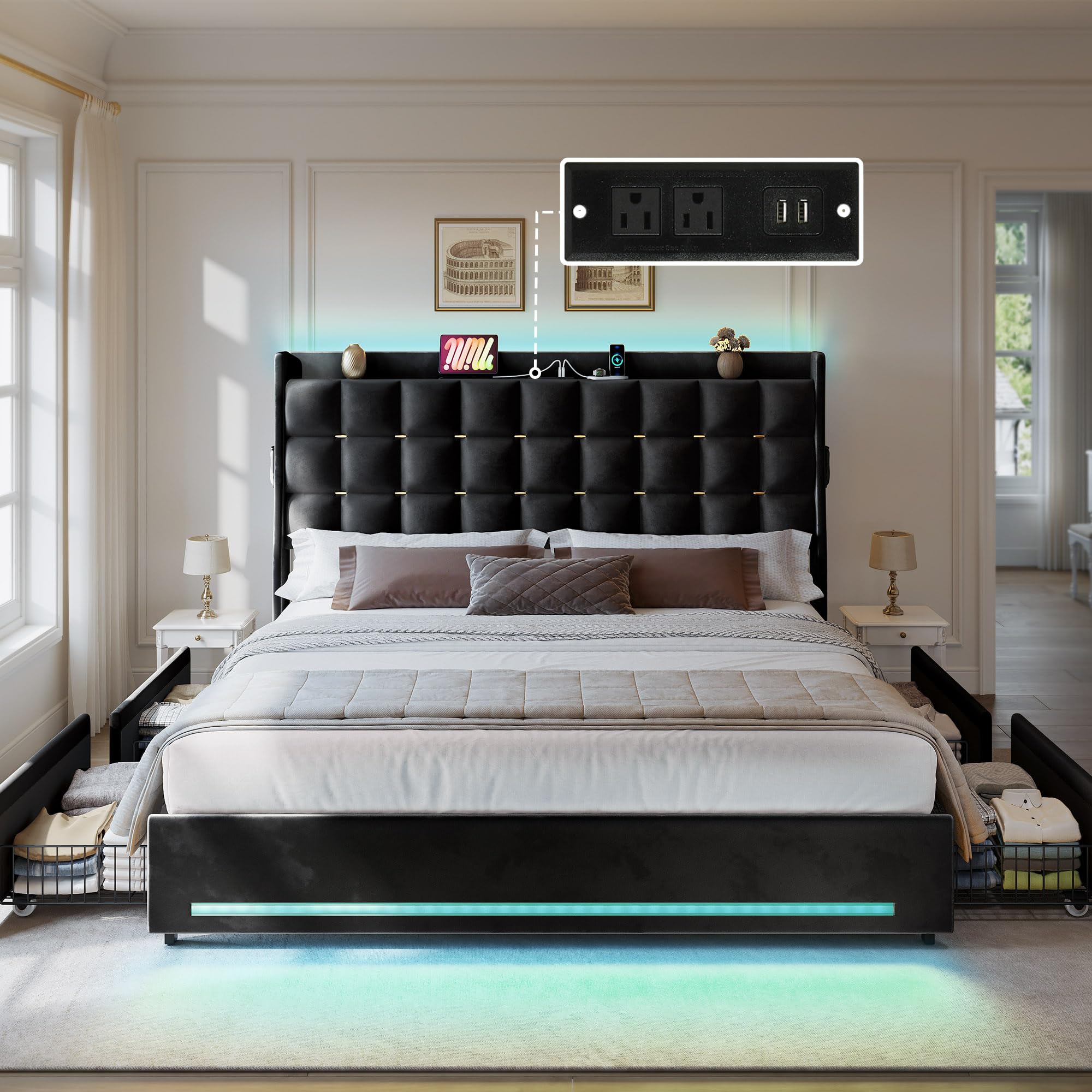 Photo 1 of ***BOX1/2***
DWVO Queen Size Bed Frame with 4 Drawers and RGB LED Lights,Charge Station