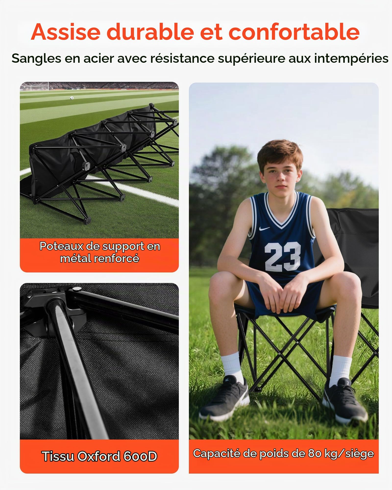 VEVOR Banc Pliant Portable à 4 Places, Banc de Camping Pliable avec Poches de Rangement et Sac de Transport, siège latéral léger avec Dossier pour Football, Baseball et événements en Plein air, Noir