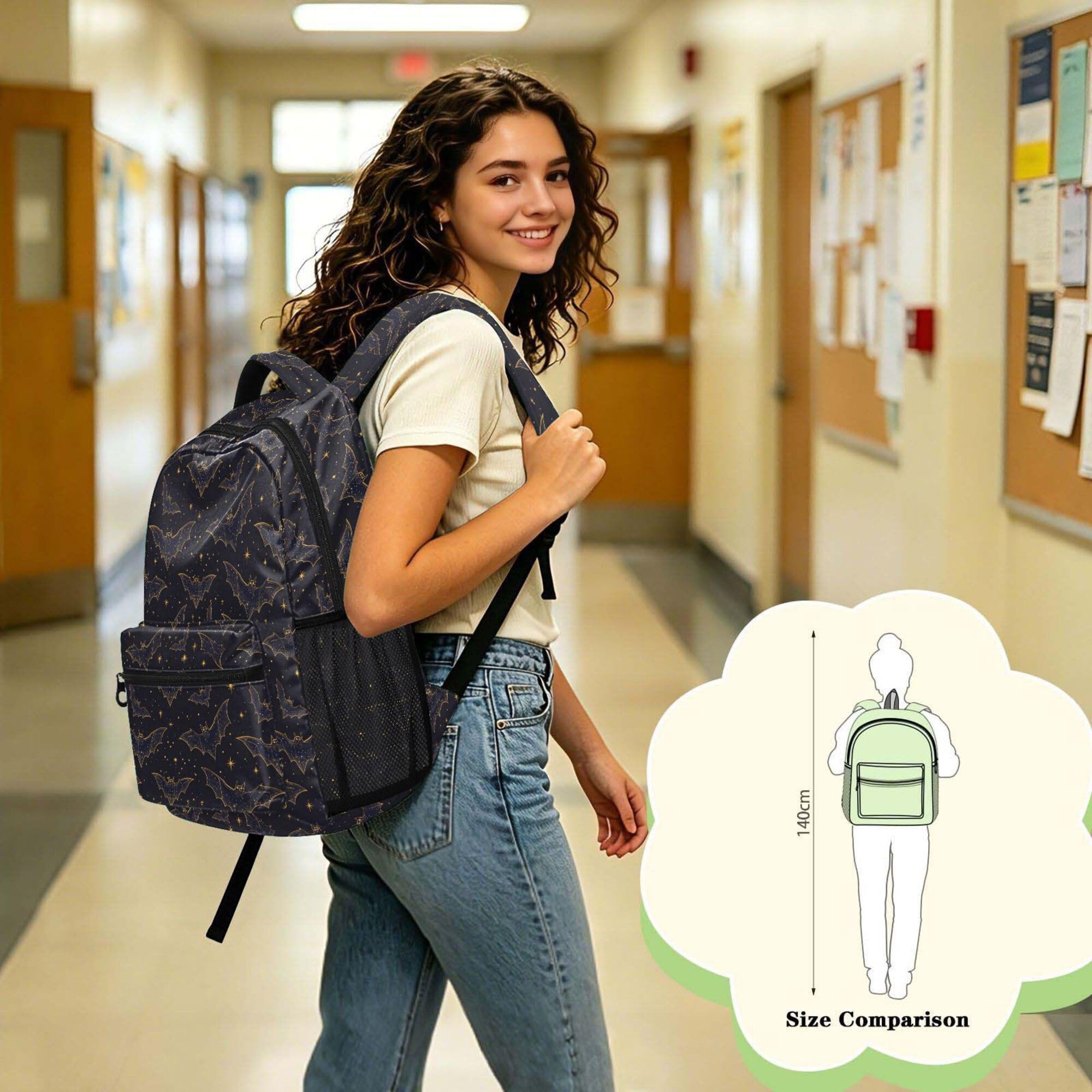 ALAZA Mochila para niños, mochila escolar con diseño de murciélagos y estrellas, color negro, de gran capacidad, para estudiantes, para niños y niñas, Bats I8277, M, Bats I8277
