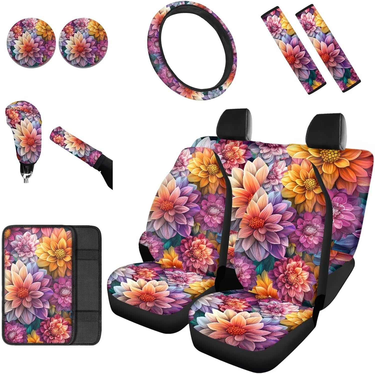 Bright Dahlias Floral Blossom Car Seat Covers Full Set Auto Center Console Cover Pad Cushion Gear Shift Cover Handbrake Cover Auto Accessories for Car,SUV