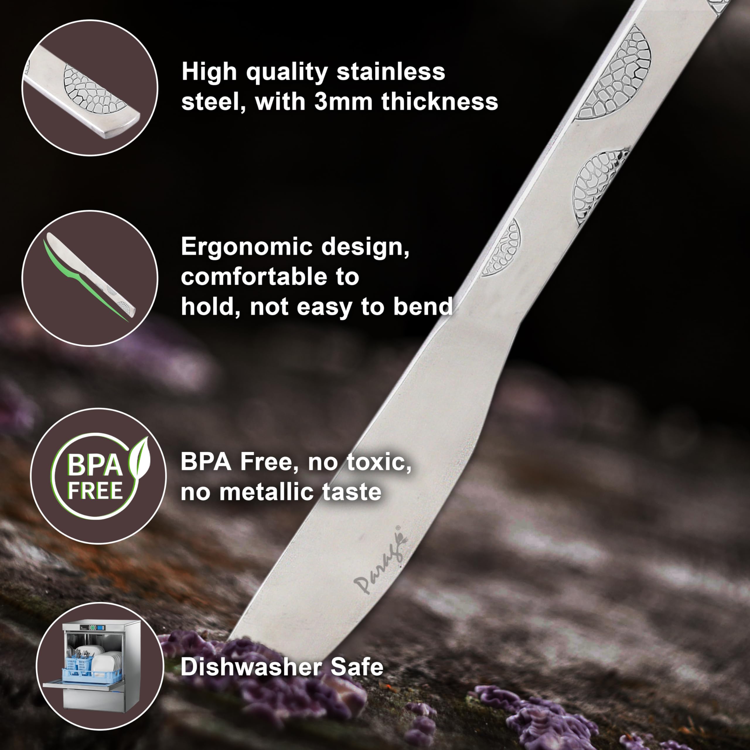 Parage 3 Pieces Premium Stainless Steel Butter Knife for Home & Kitchen, 3 mm Thick, Luxury Dining Tableware Gift, Jam Spreader, Spread Butter, Moonpress Design 3