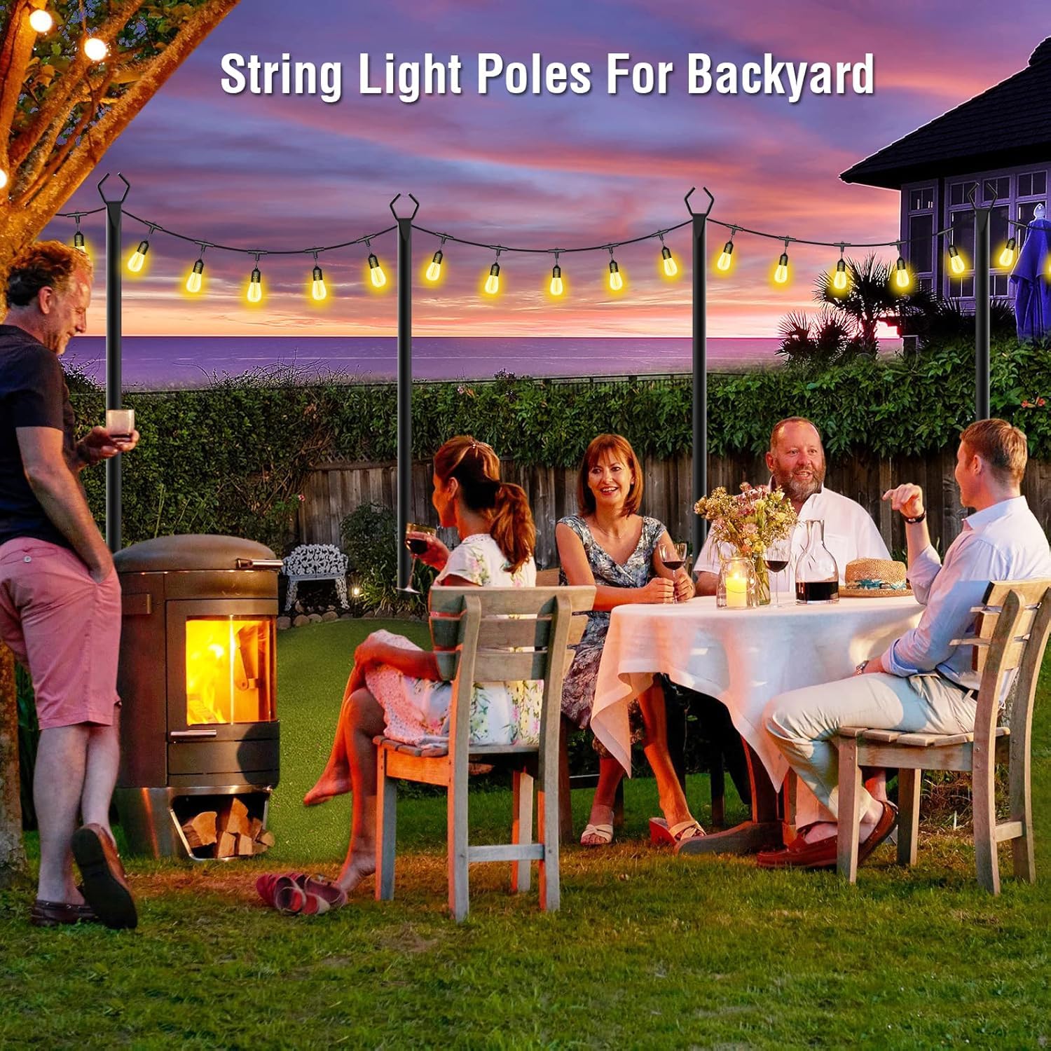 Juego de 4 Postes de Luz de Metal de 3m/10 pies, Postes Metalicos de Iluminación con Tenedor para Guirnaldas Luminosas Exteriores, para Exteriores, Patios, Terrazas, Jardines, Fiestas, Bodas