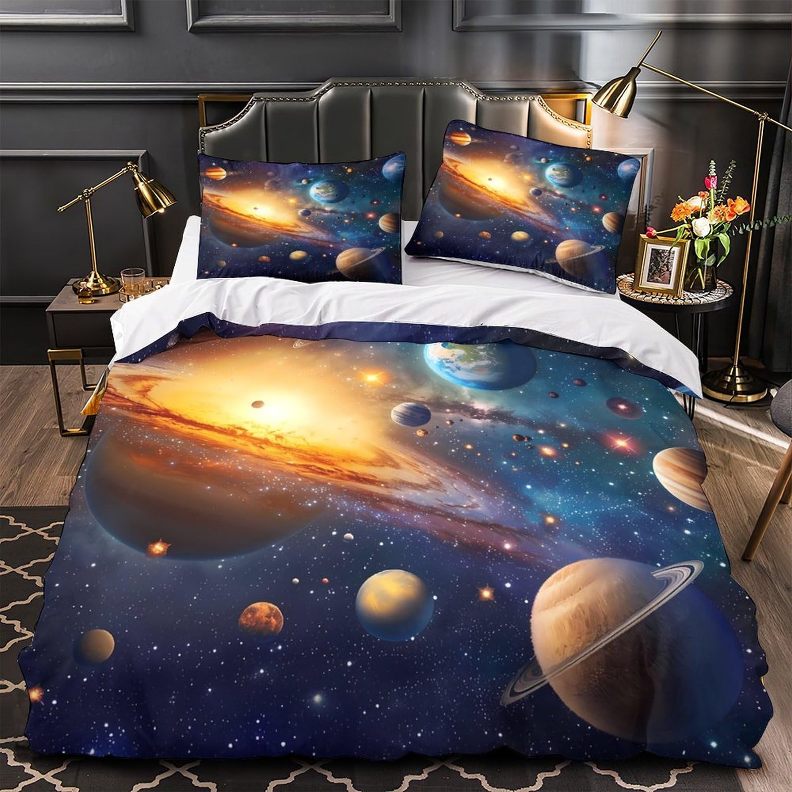 Linge de lit super douce finitions 3D imprimée solarsystem parure trois pièces