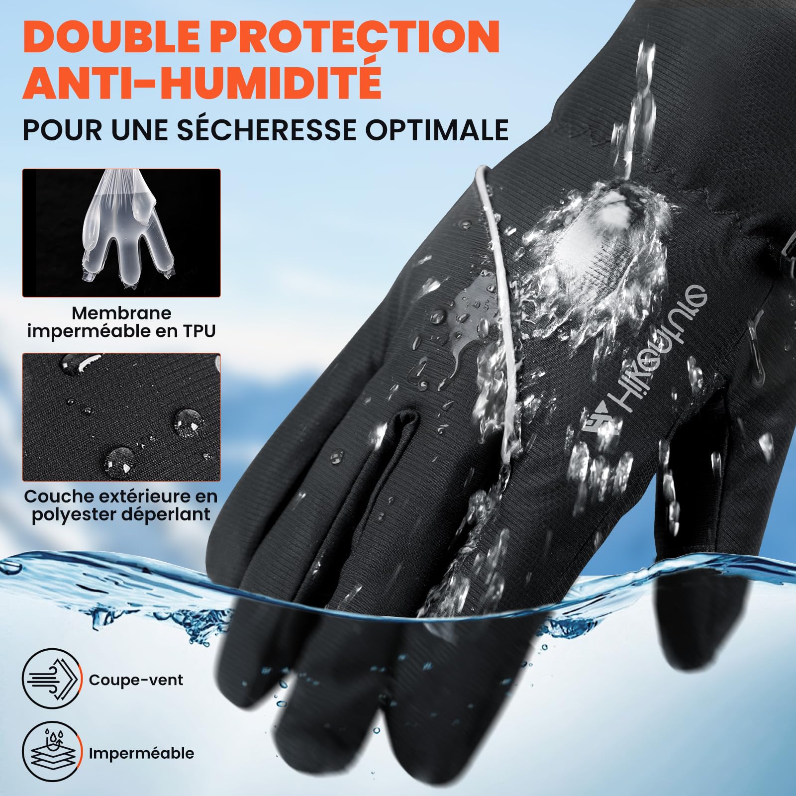 HIKENTURE Gants d'hiver imperméables, gants de cyclisme pour homme et femme avec polaire - Chauds et coupe-vent - Écran tactile - Gants de vélo d'hiver - Gants de ski antidérapants - Gants de course
