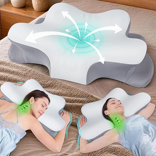 Hypuno Orthopädisches Nackenstützkissen gegen Nackenschmerzen, Ergonomisches Memory Foam Kopfkissen, Höhenverstellbares Schmetterlingskissen mit kühlendem Bezug für Seiten-, Rücken- und Bauchschläfer