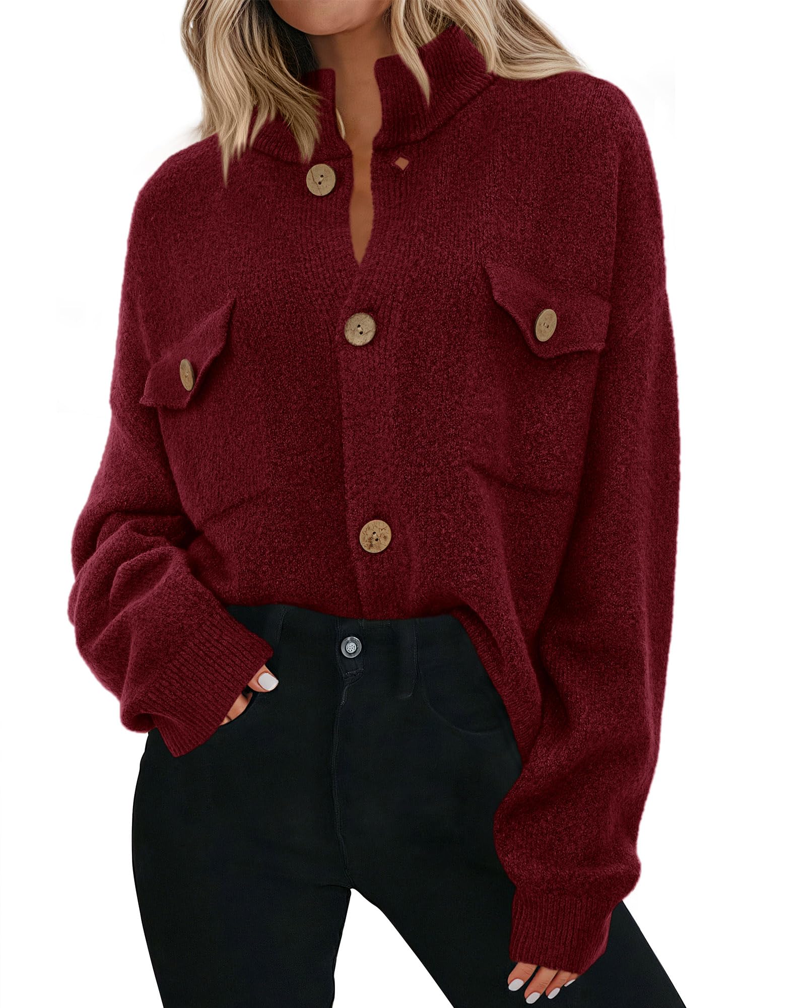 KIRUNDO Cardigans for Women Trendy Button Up Sweater Jackets Mock Neck Long Sleeve Loose Fit Chunky Knit Outwear