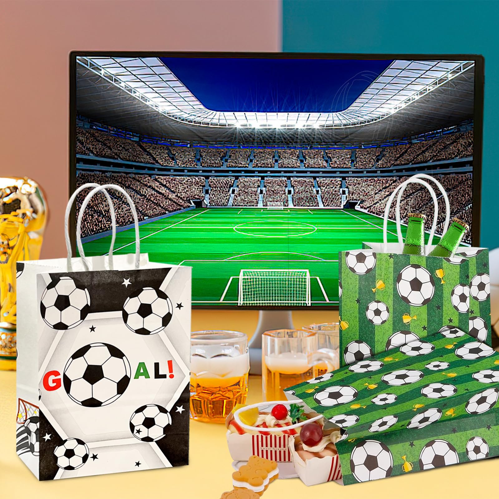 MAEXUS 12 Sacchetti Di Carta Per Feste A Tema Calcio – Bianco/Verde – 21x15x8 Cm Per Caramelle E Regalini