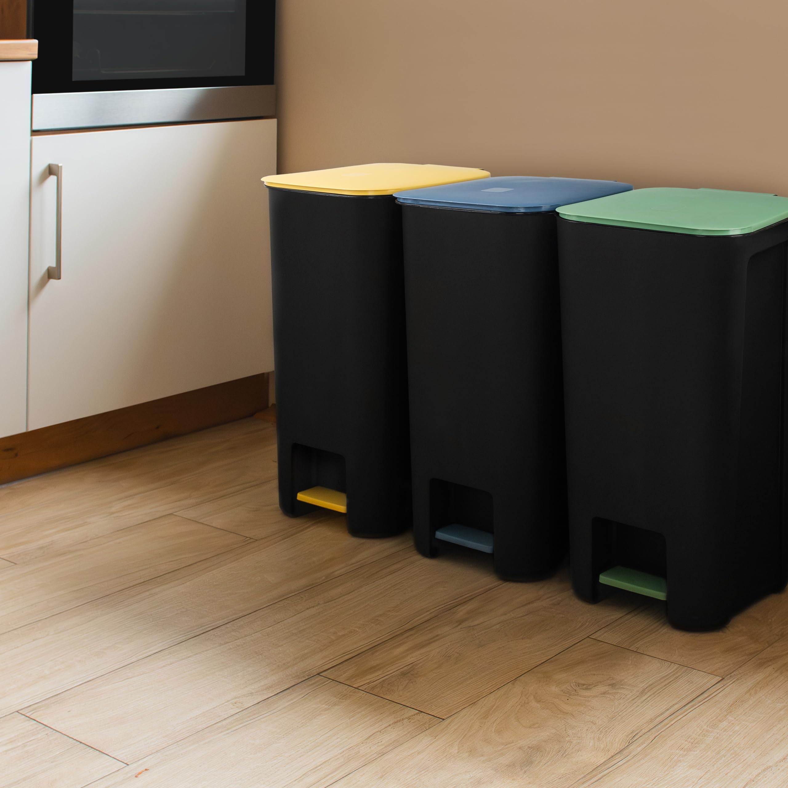 Treteimer Set 3x 40L, Tretmülleimer mit Pedal, Gelb, Grün, Blau Mülleimer, Mülltrennsystem für Papier, Kunststoff und Glas, Küchenmülleimer Recycling, mit Farbdeckel, Küche