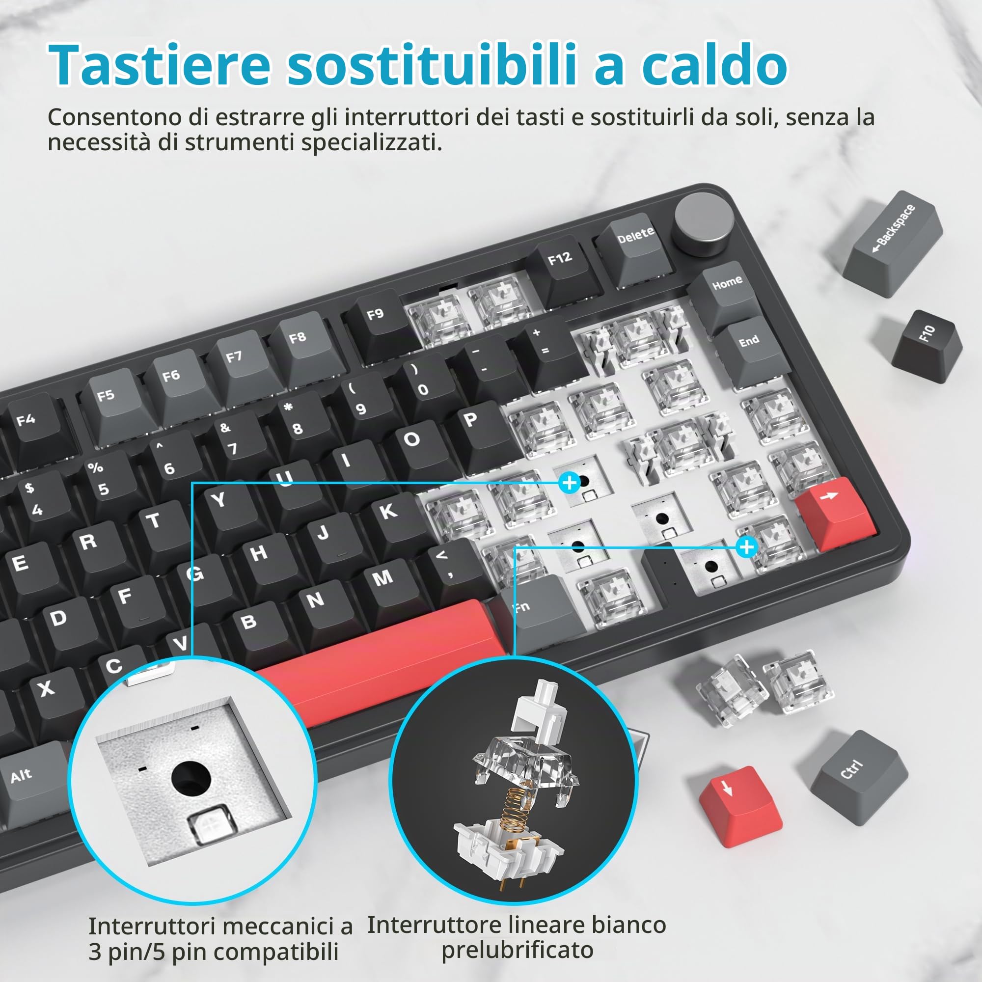 SOLIDEE tastiera gaming meccanica 75 percento con manopola,Bluetooth 5.0/2.4GHz/USB-C tastiera meccanica gasket,tastiera hot swappable South Facing Keycaps,RGB Retroilluminata per Win Mac(Shadow Red)