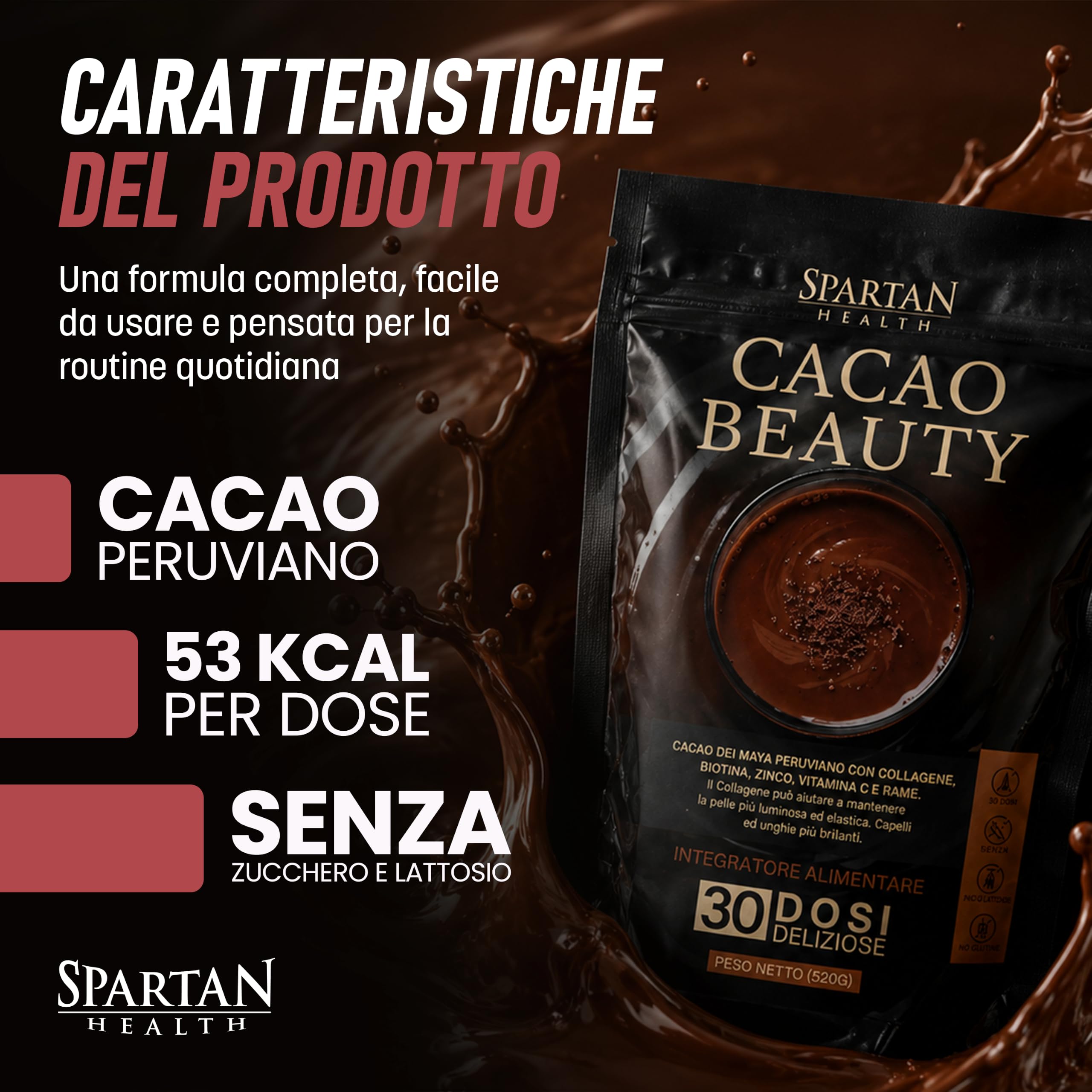 Cacao Beauty – Collagene in Polvere al Cioccolato Peruviano – Collagene Idrolizzato con Acido Ialuronico – Collagene per la Pelle del Viso, Capelli e Unghie – Senza Zucchero