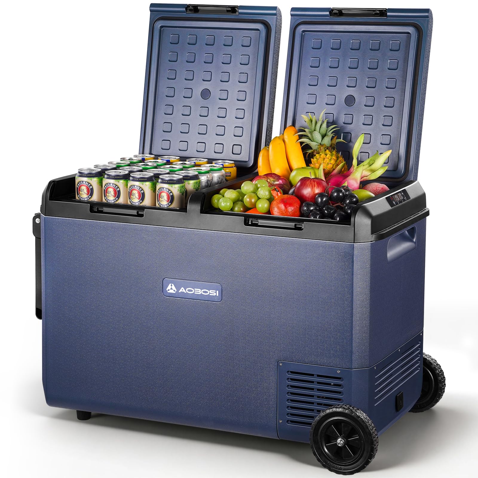 AAOBOSI 95L Compressor Cool Box - 12V/230V Electric Dual Zone Cool Box with Wheels  Handle, IPX4 Waterproof, App Control, -20°C to 20°C - Ideal for Car, Camping, Boat, Motorhome, Fishing Outdoor