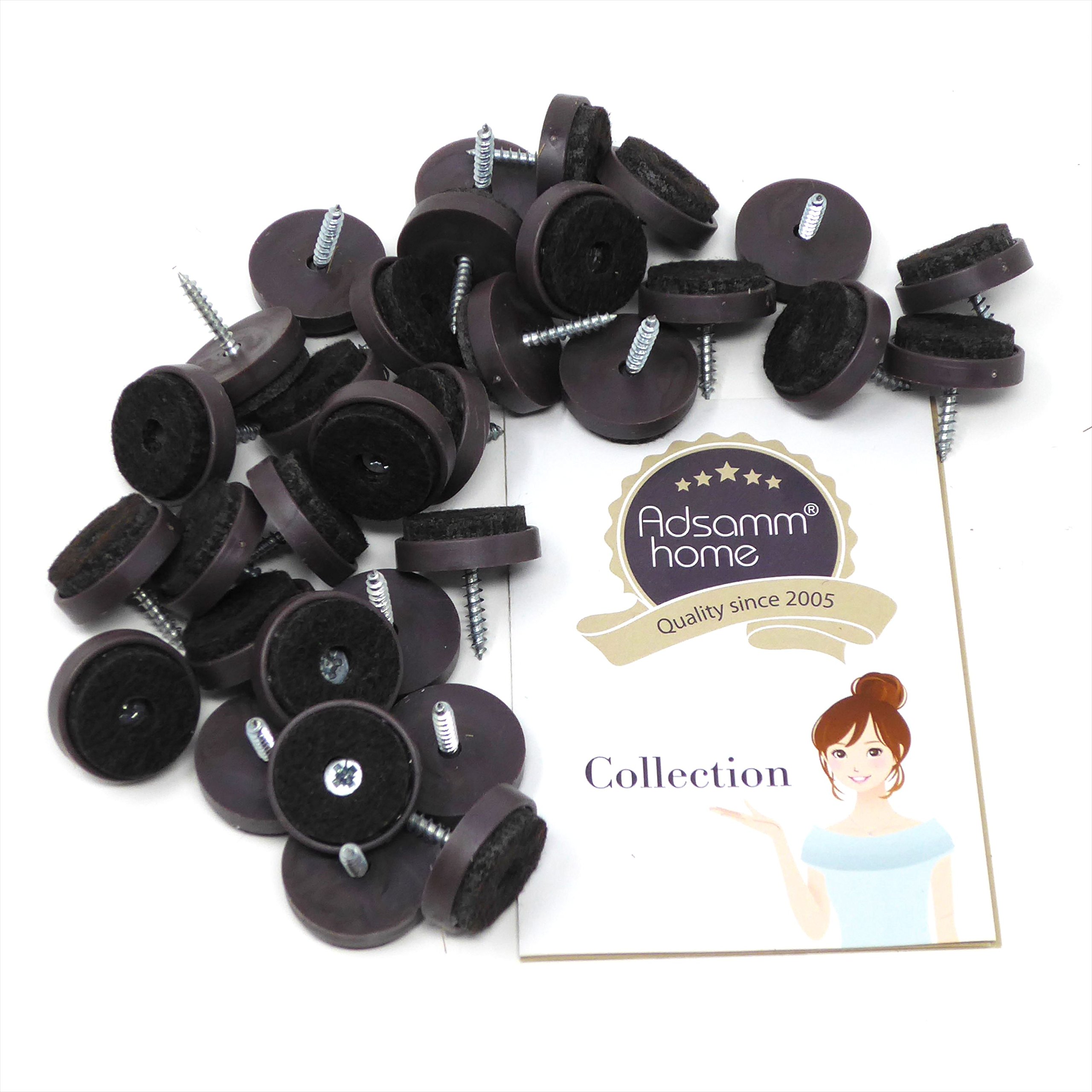 Adsamm® / 32 x podkładki filcowe ze śrubą/brązowy/Ø 24 mm/okrągły/ślizgacze do mebli do wkręcania w jakości premium
