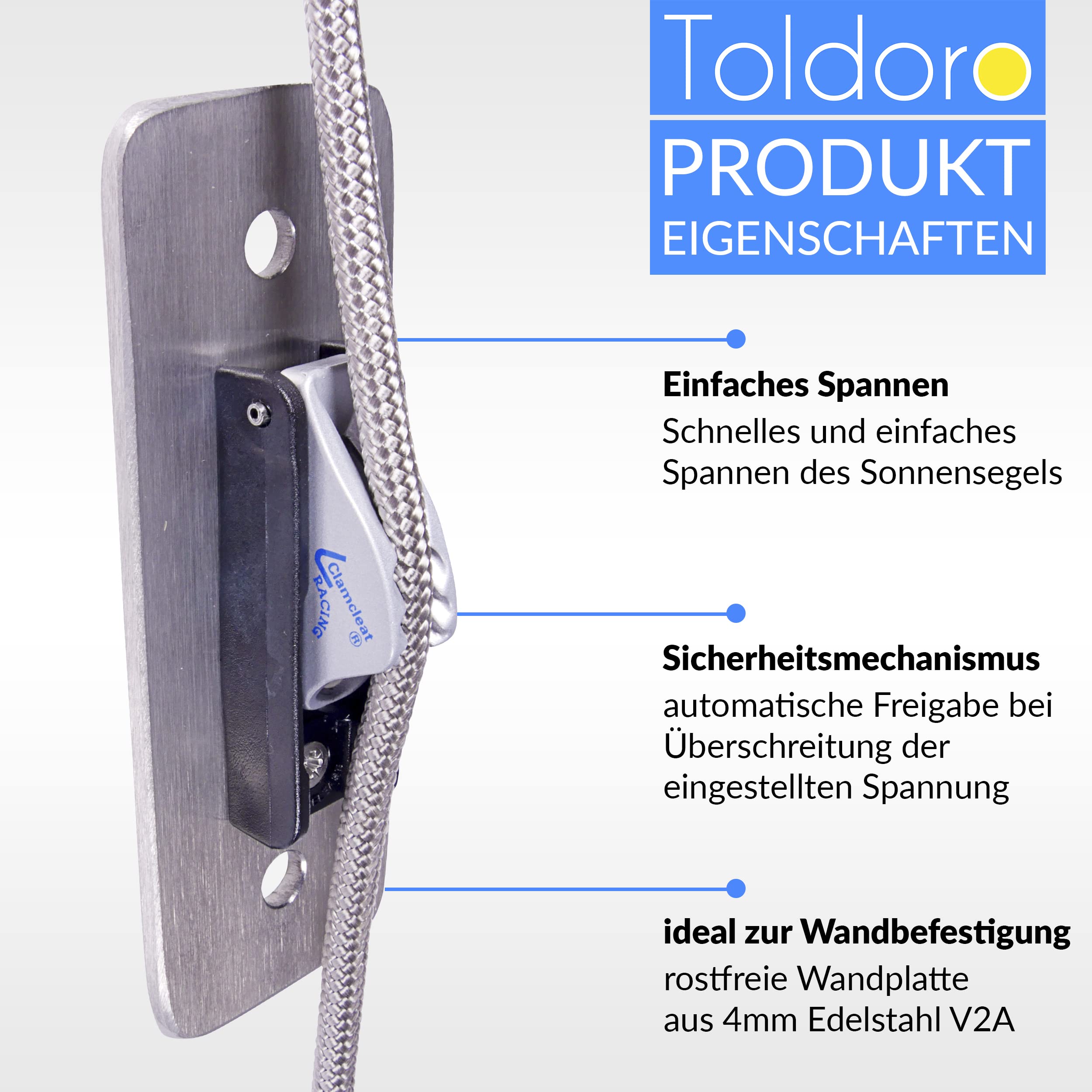 Toldoro® 3-Fach Flaschenzug mit Sicherheitsklemme an Wandplatte/Seilzug zum Spannen und Befestigen von Sonnensegel und Segeln/Robustes Spannset