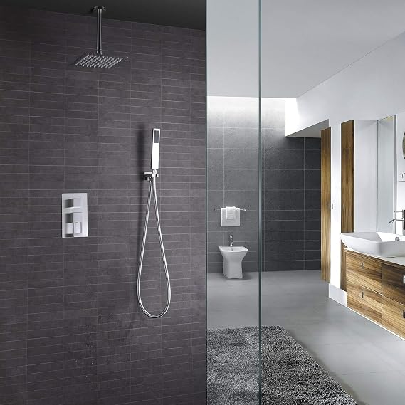 handheld showerShower System, Ceiling Mounted Shower System Including 10 Rain Shower Head, Pre-Installed Valve Bodies, Hand Shower, Brushed Nickel Rain Shower System, Luxury Shower Set