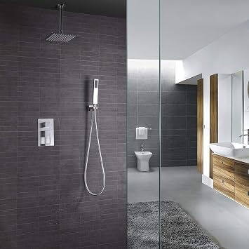 handheld showerShower System, Ceiling Mounted Shower System Including 10 Rain Shower Head, Pre-Installed Valve Bodies, Hand Shower, Brushed Nickel Rain Shower System, Luxury Shower Set