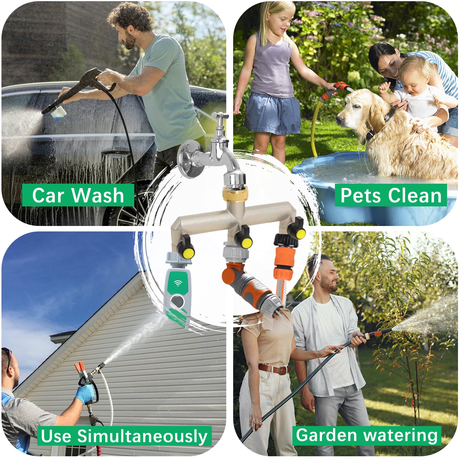 Sdoppiatore Rubinetto Giardino 3 Vie in Ottone, 3/4" Connettore per Tubo Irrigazione da Esterno con Valvole di Apertura/Chiusura Indipendenti, Raccordi Adattatori per Rubinetto Lavatrice