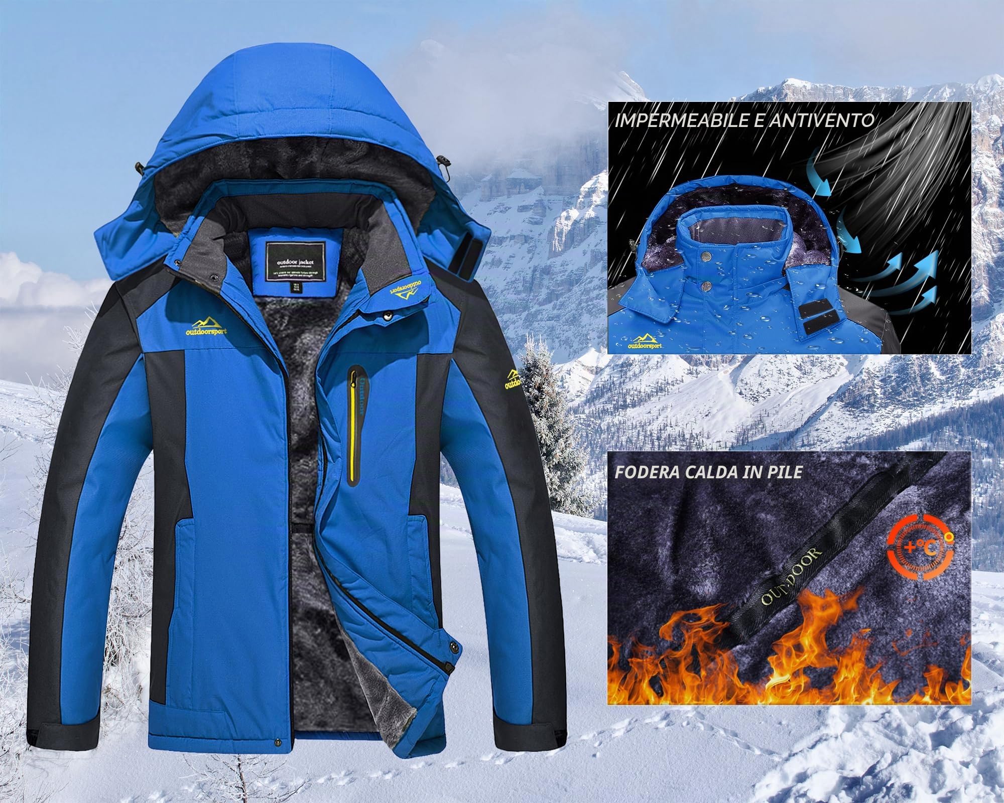 KEFITEVD Giacca invernale da uomo, impermeabile, calda, imbottita, giacca da sci invernale, antivento, traspirante, giacca da lavoro con cappuccio rimovibile