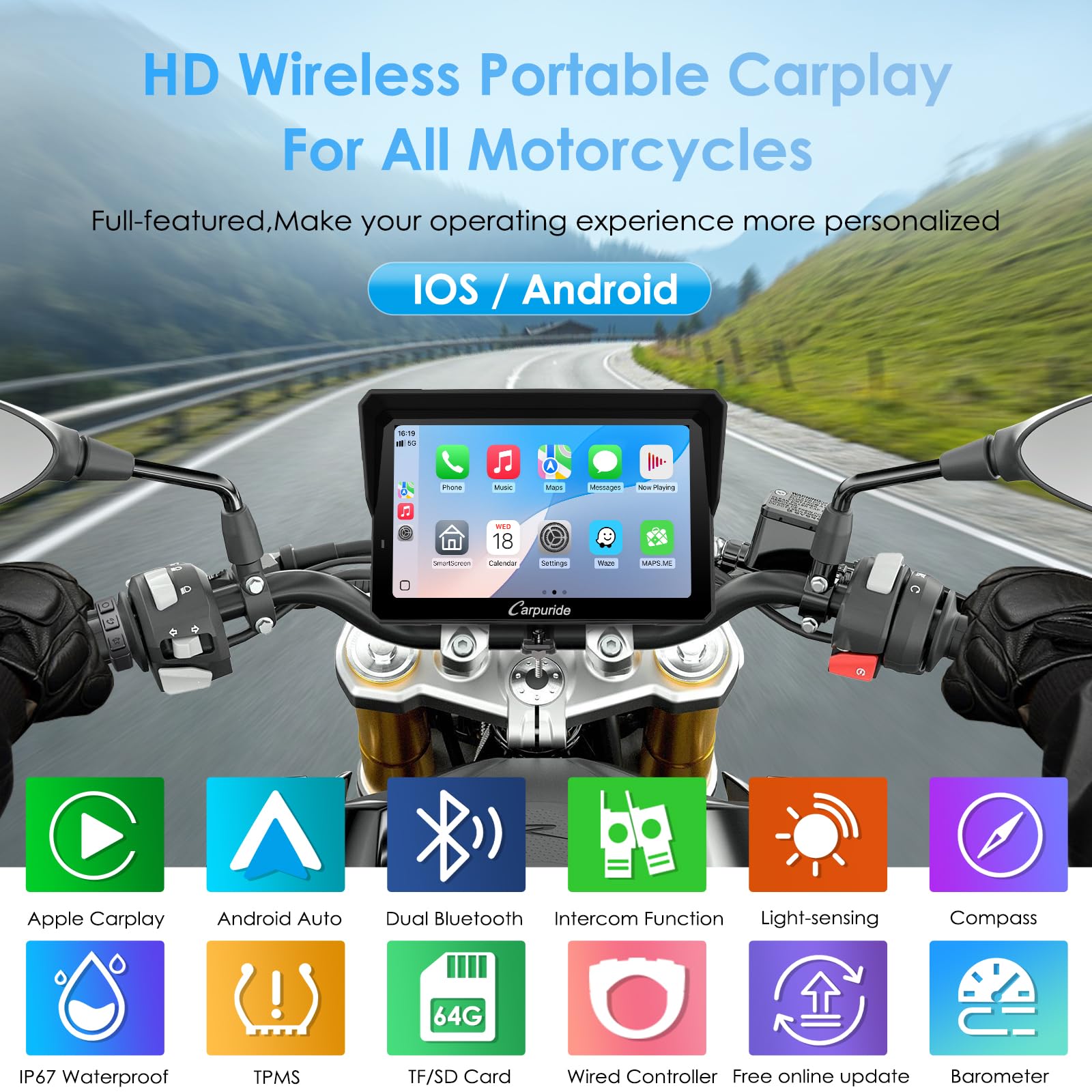 2025 Carpuride W702S PRO Motorcycle GPS Wireless Carplay/Android Auto, 7" Waterproof Motorbike Touch Screen, with BM05 Mount, Bluetooth Trans, Wired Controller, Navigation
