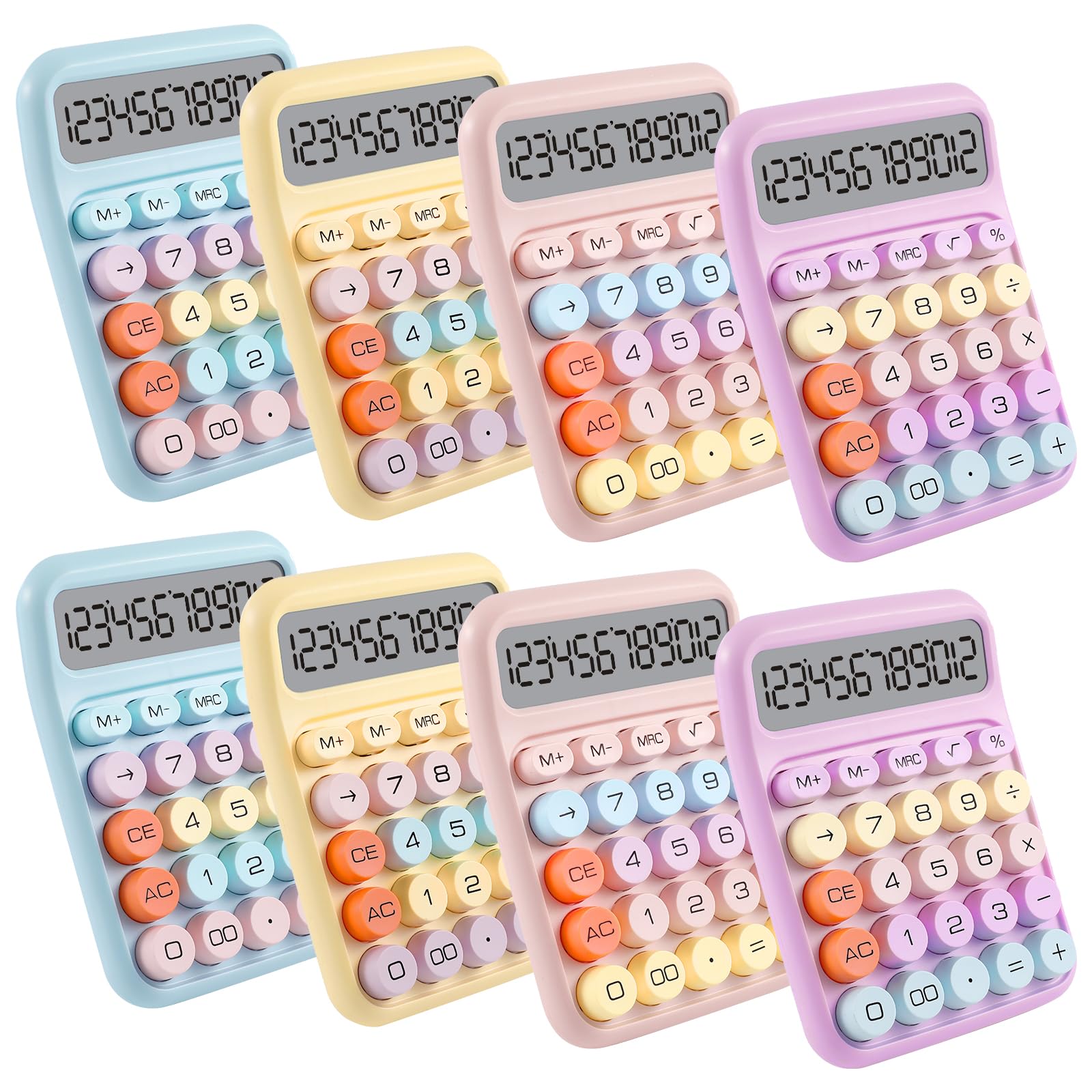 Taschenrechner mit mechanischer Tastatur, 12-stelliges großes Display mit Batteriebetrieb, 4 weiche Pastellfarben für einfache Verwendung im Büro, in der Schule und zu Hause, 8 Stück