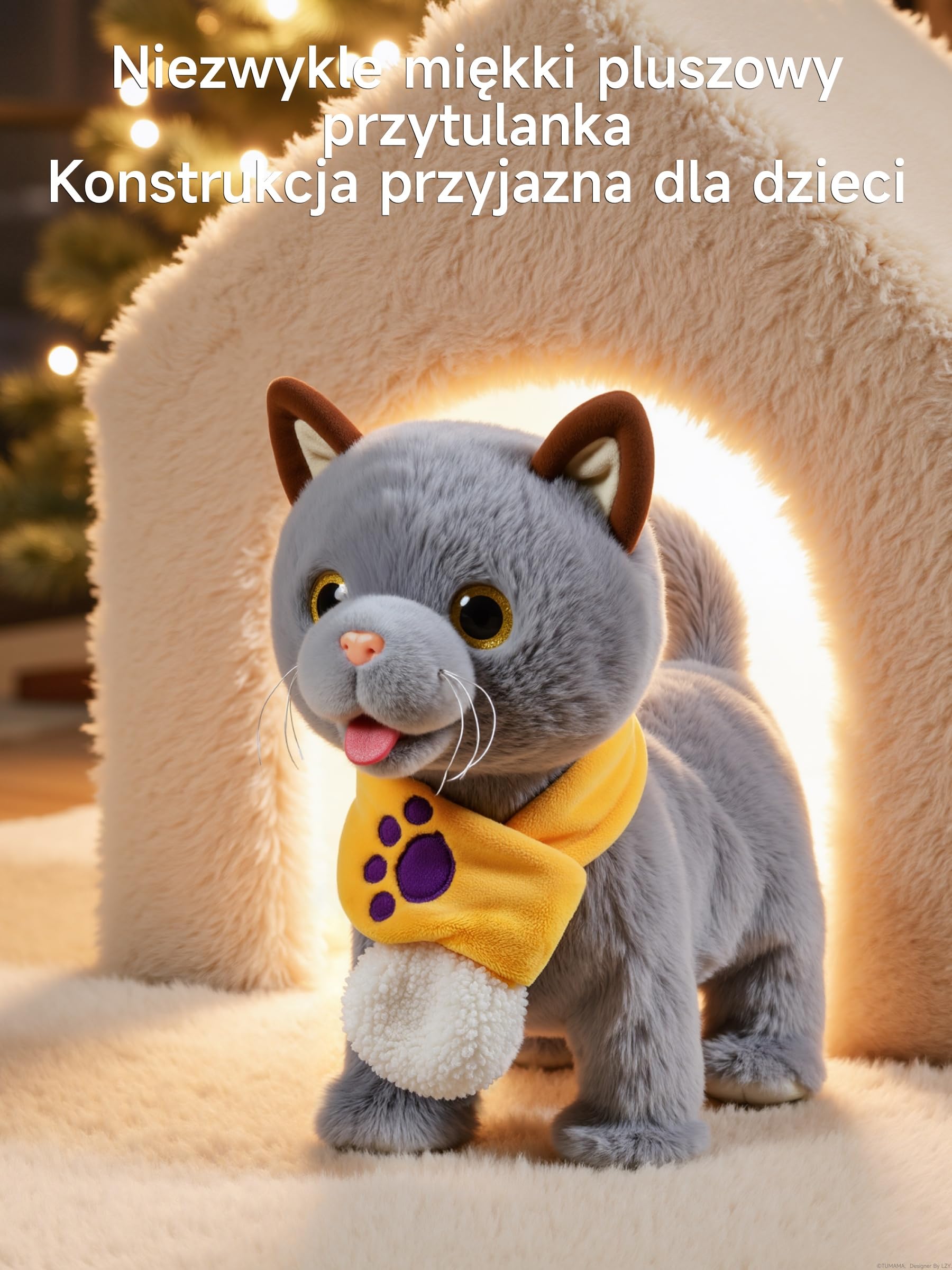 TUMAMA KIDS Interaktywna zabawka kot dla dzieci z 6 melodiami, pluszowy kotek z pilotem zdalnego sterowania i smyczą, który chodzi i szczeka, pluszak elektroniczny kotek od 2 lat – chodzenie