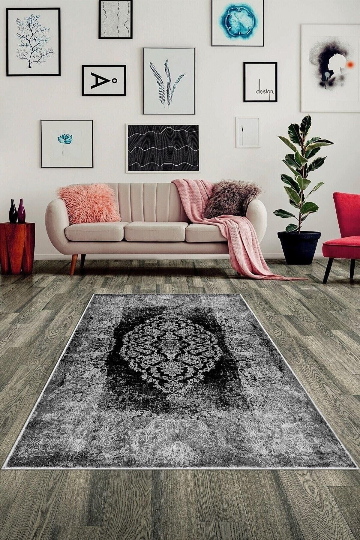Pelangi Siyah Zemin Beyaz Işleme Göbekli Yıkanabilir Kaymaz Taban Leke Tutmaz Modern Salon Halısı Ve Yolluk, Siyah 60 x 120, 745710546012005
