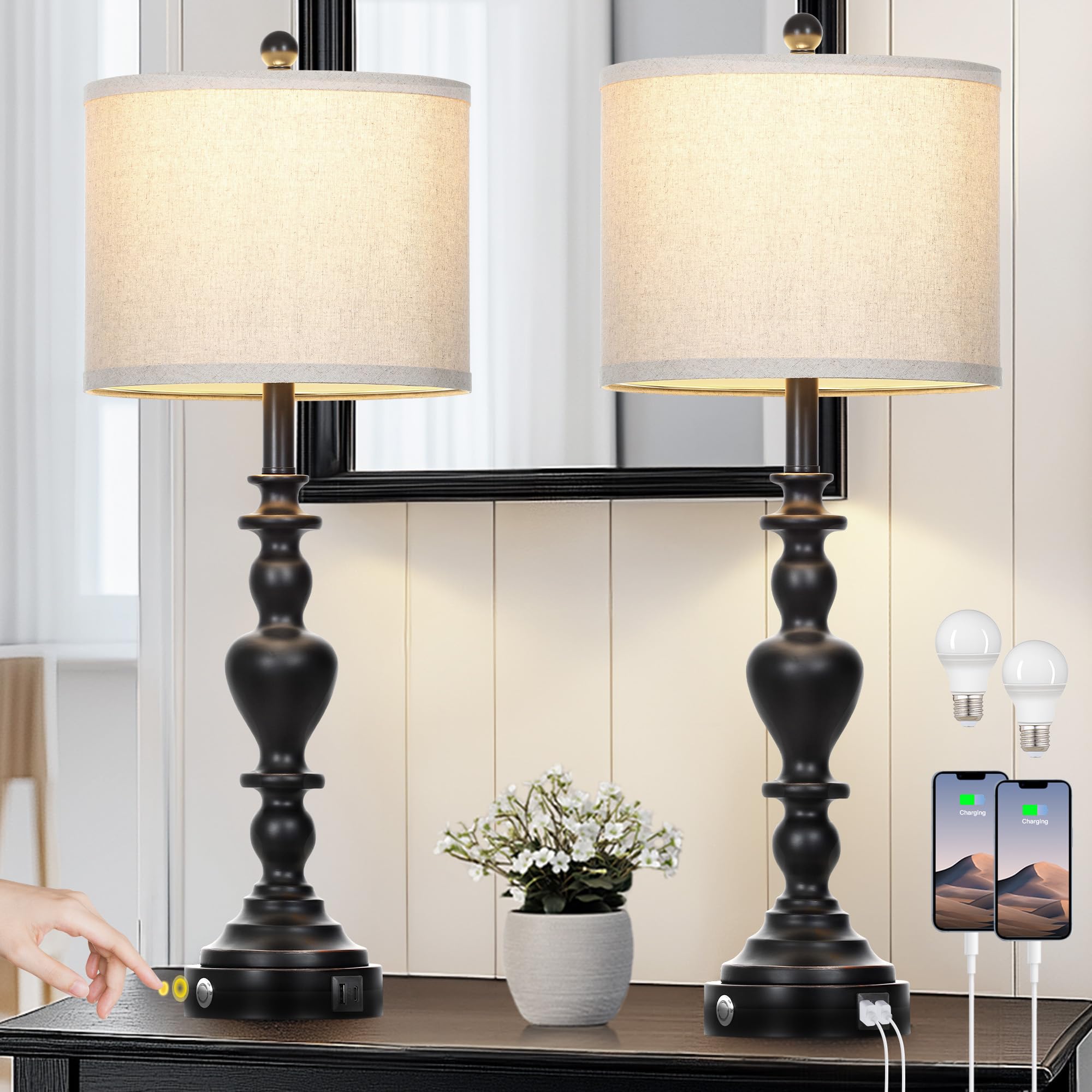 27" Farmhouse Vintage Lamps Set of 2 with USB C+A Charging Ports, Black Rustic Touch Control Table Lamp for Living Room, 3-Way Dimmable Traditional