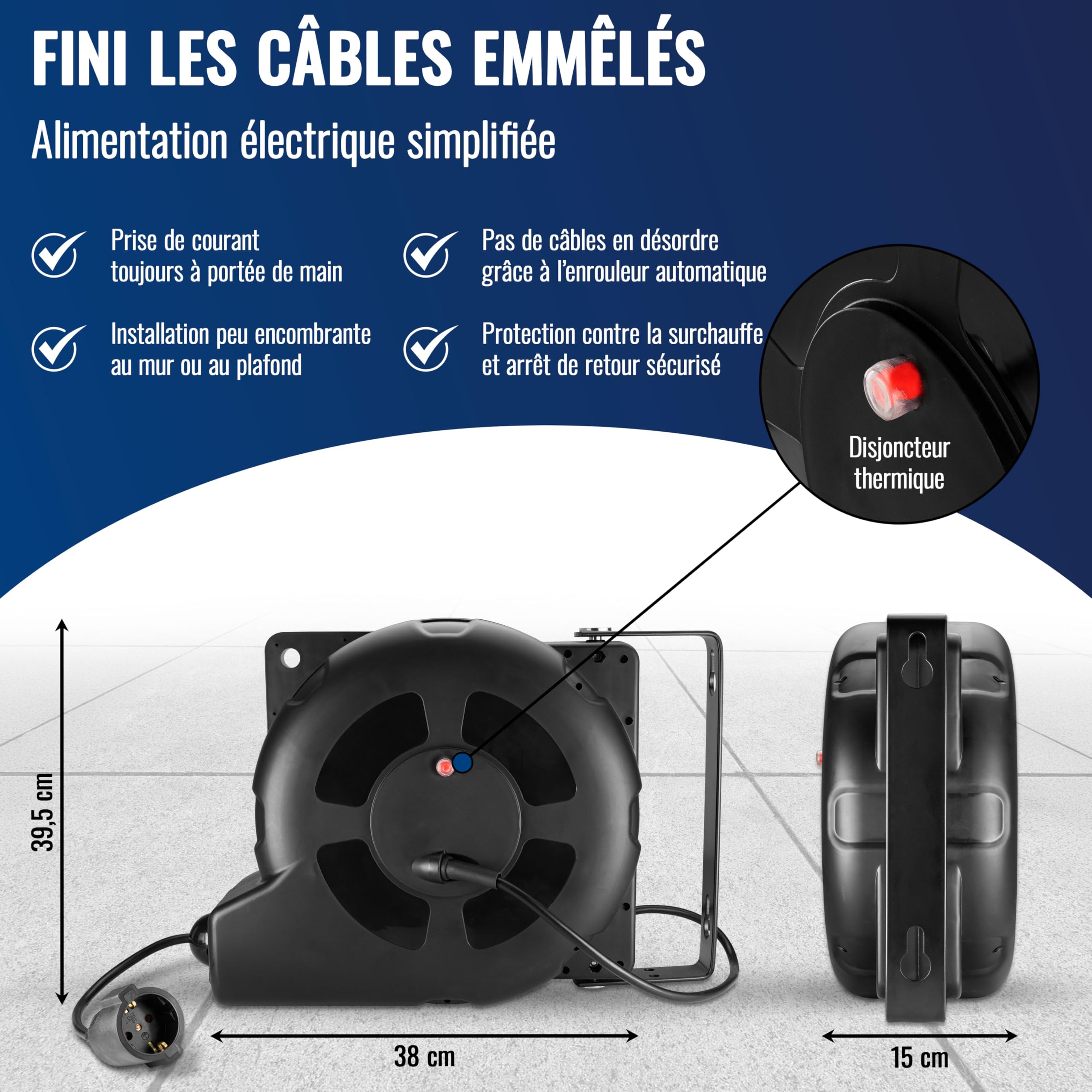 Poppstar Enrouleur de câble électrique automatique 20m + 2m (max. 3000W) Tambour de câble automatique auto-enroulant IP20 avec interrupteur thermique