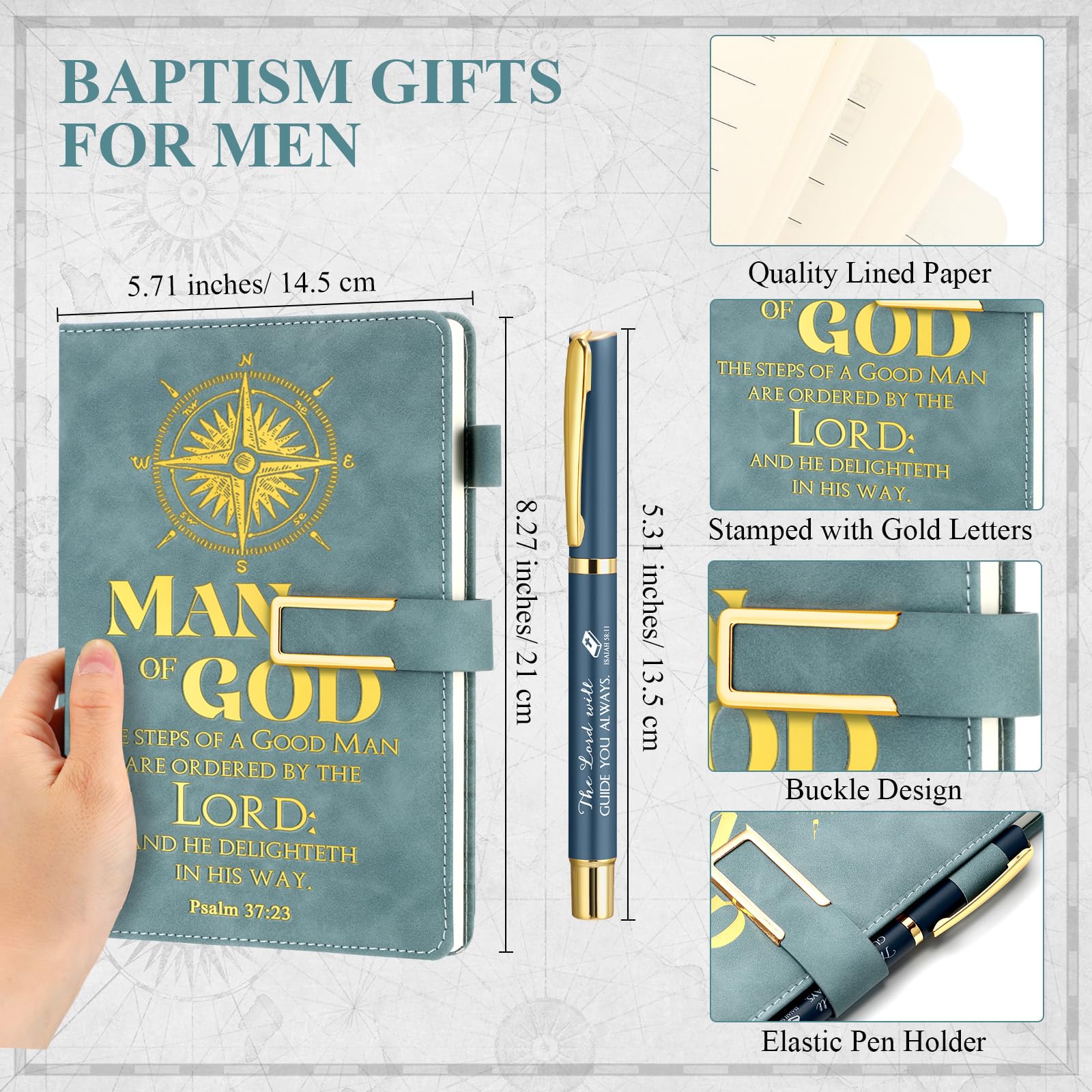 Fuyoooo 4 Pcs Pastor Gifts for Men Includes Man of God Pastor Leather Journal Notebook Christian Pen Religious Compass with Presentation Box Dad Priests Ministers Gifts(Blue)