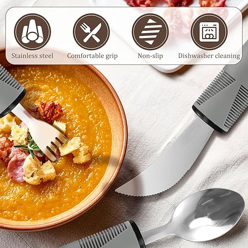 Miniatura 3 de Juego de utensilios adaptativos, agarre débil y ayudas para discapacitados y Parkinson, suministros especiales pesados, utensilios de Parkinson,