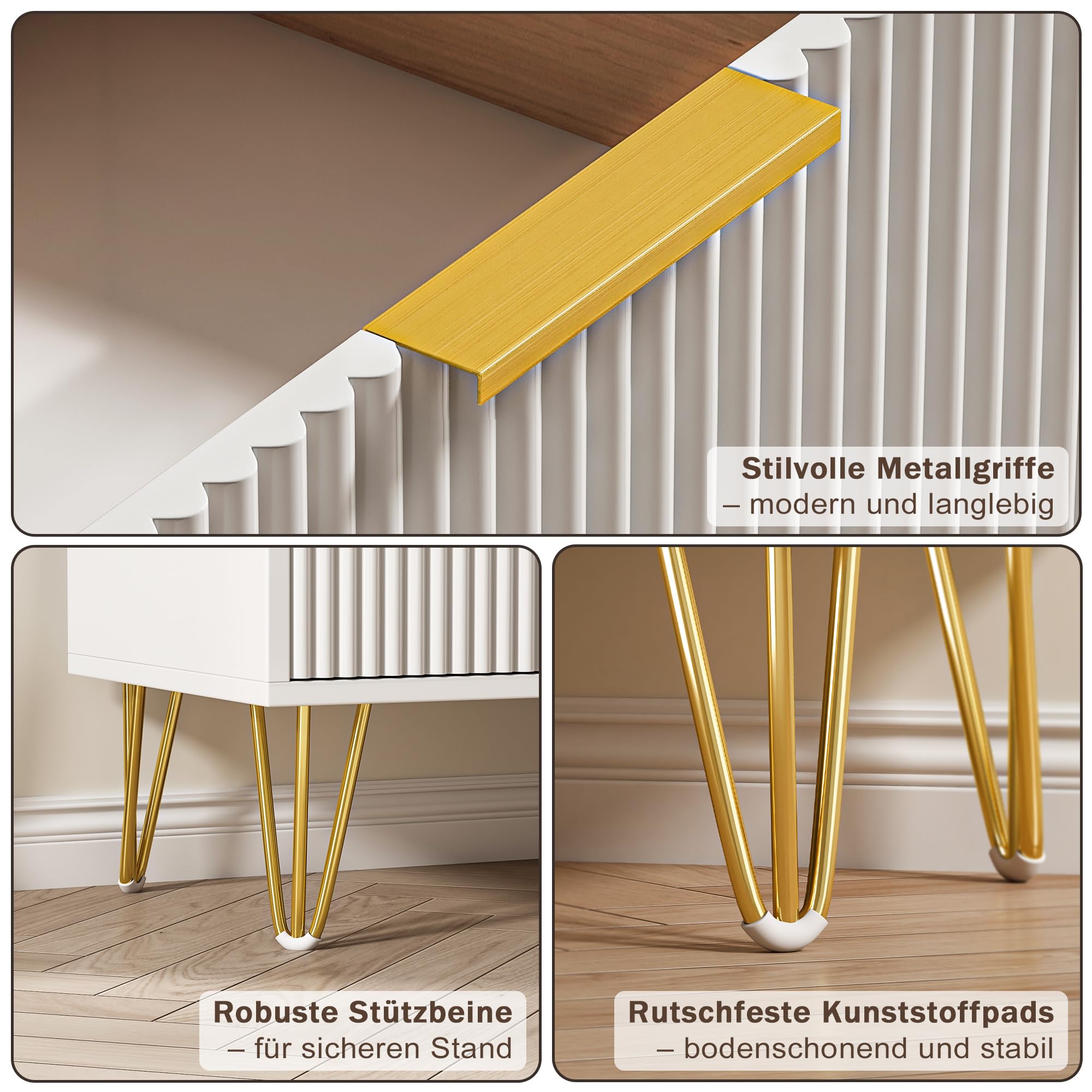 Kommode mit 6 Schubladen aus Massivholz, Moderne Komodenschrank 100 cm Breit aus Gerilltem, Chest of Drawers mit Goldenen Griffen, Schrank mit Marmorimitat für den Flur (Weiß)