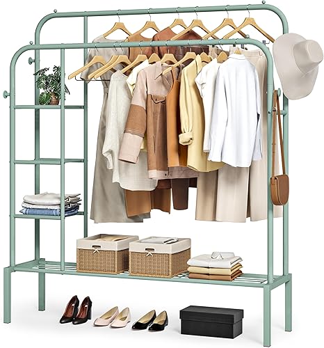 JOISCOPE Perchero portátil de doble barra para colgar ropa, perchero de metal de 49.6 x 62.2 pulgadas con estantes inferiores y 4 ganchos, perchero
